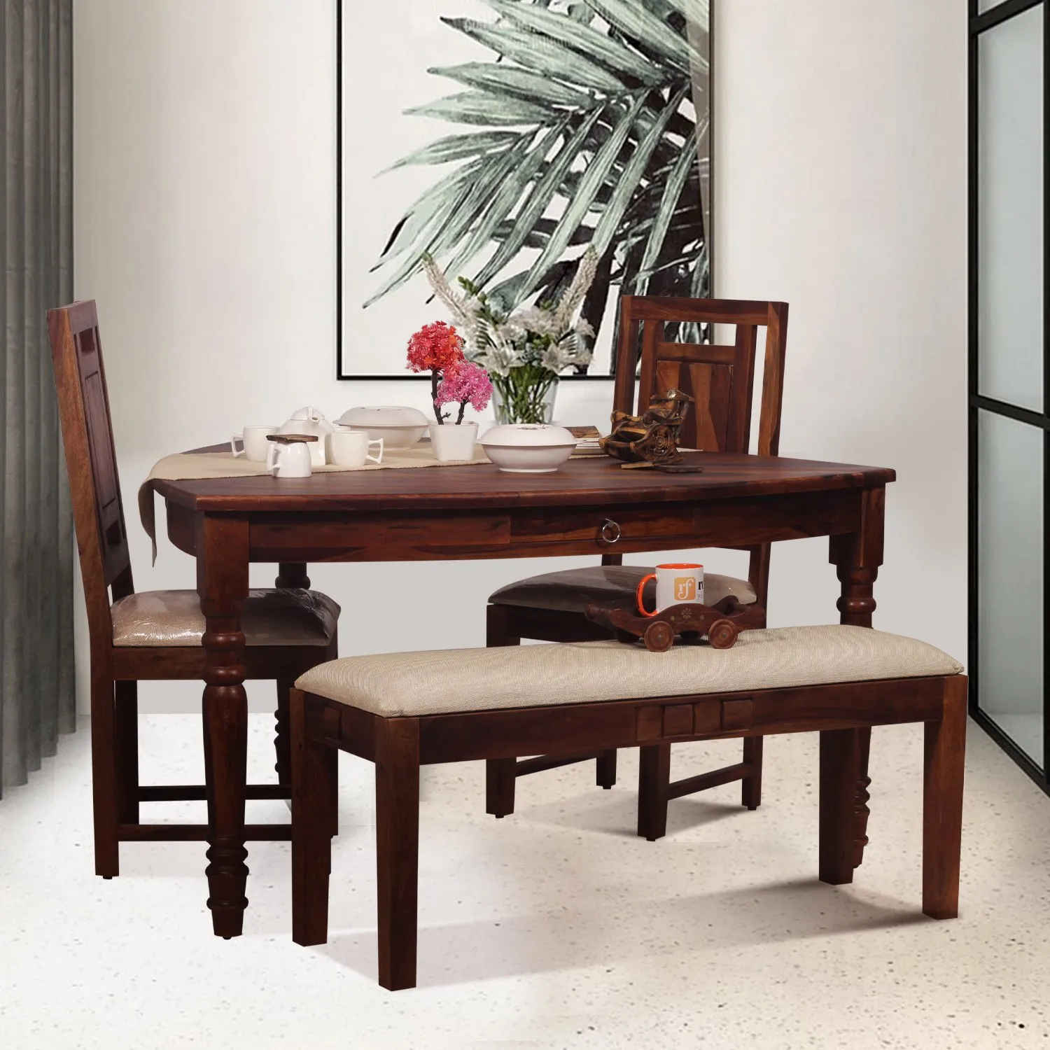 Royal Finish Betel Quid Nivora 2 Chair & 1 Bench Dining Set in Natural Furniture