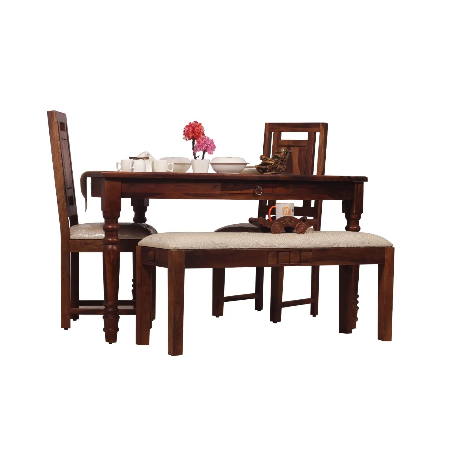 Royal Finish Betel Quid Nivora 2 Chair & 1 Bench Dining Set in Natural Furniture sheesham dining table image 2