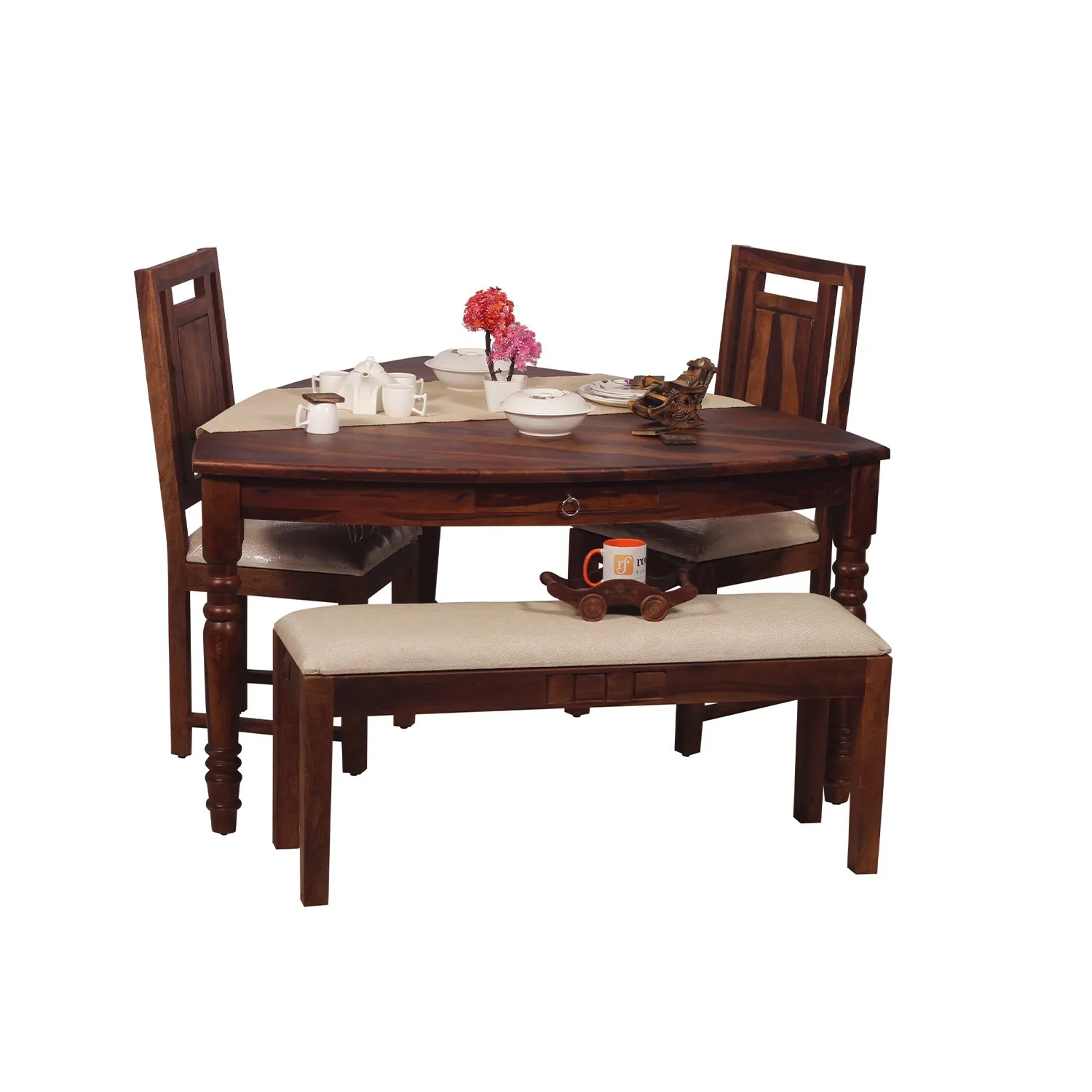 Royal Finish Betel Quid Nivora 2 Chair & 1 Bench Dining Set in Natural Furniture sheesham dining table image 3