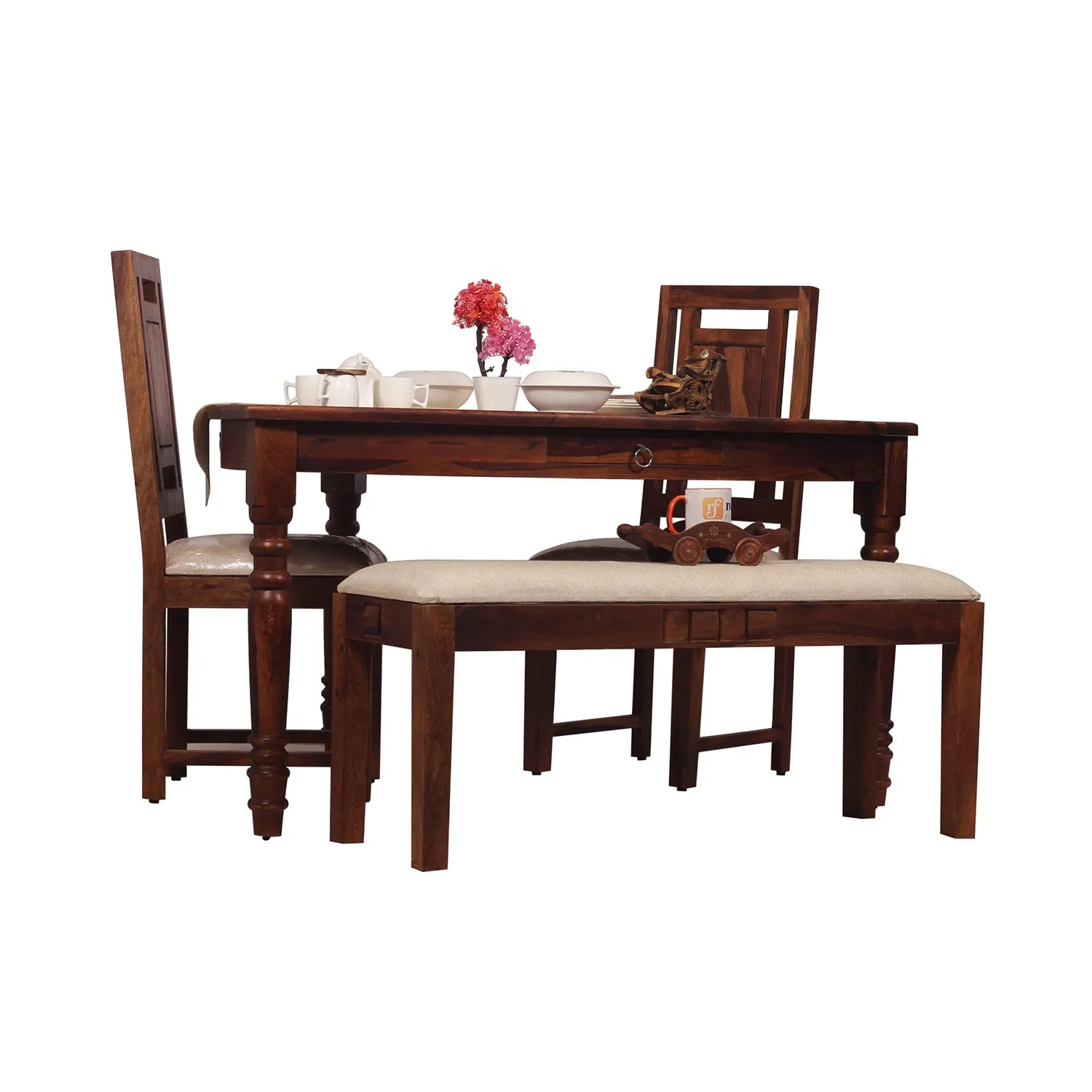 Royal Finish Betel Quid Nivora 2 Chair & 1 Bench Dining Set in Natural Furniture sheesham dining table image 4