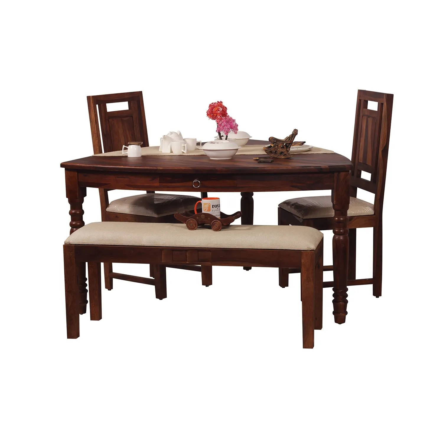 Royal Finish Betel Quid Nivora 2 Chair & 1 Bench Dining Set in Natural Furniture sheesham dining table image 5