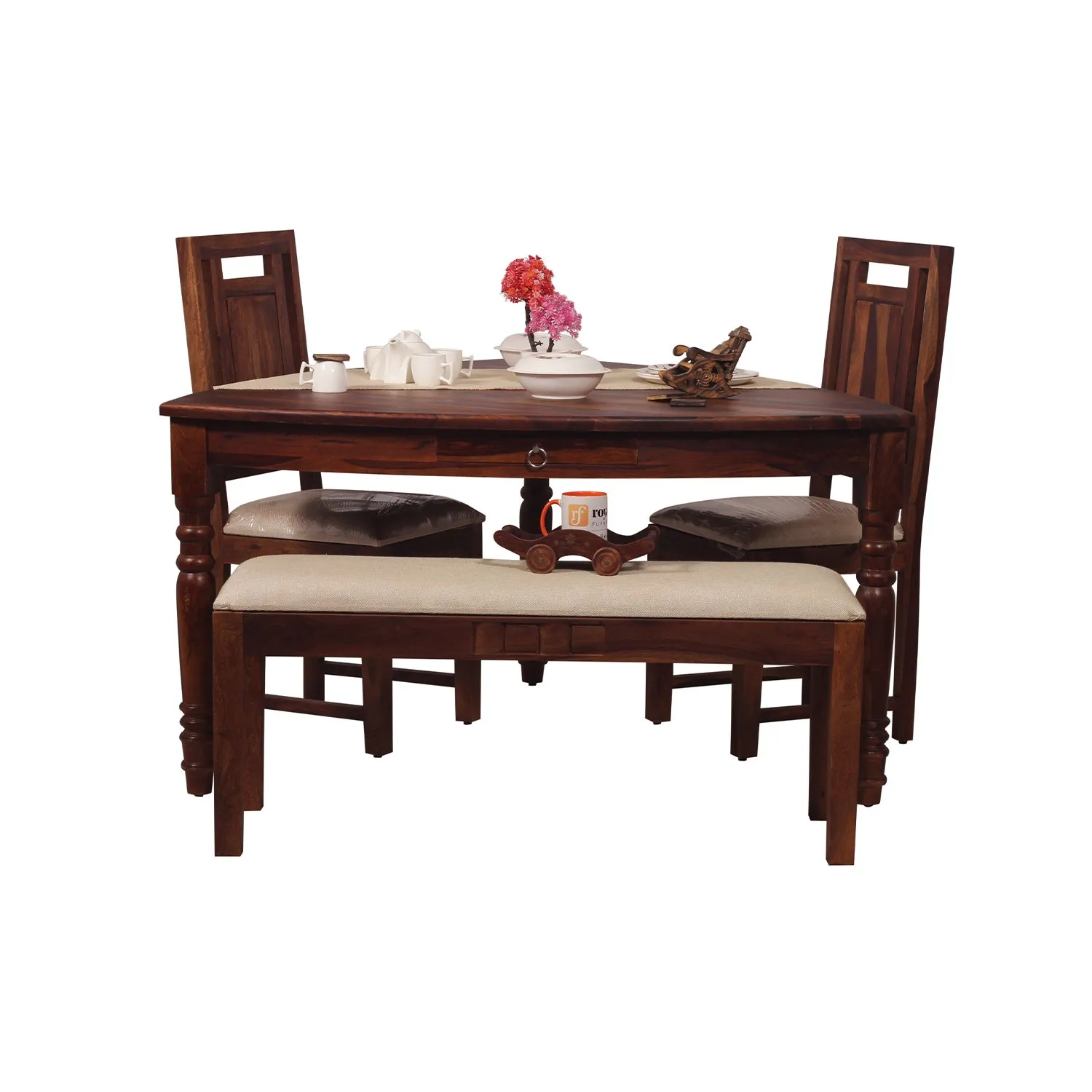 Royal Finish Betel Quid Nivora 2 Chair & 1 Bench Dining Set in Natural Furniture sheesham dining table image 7