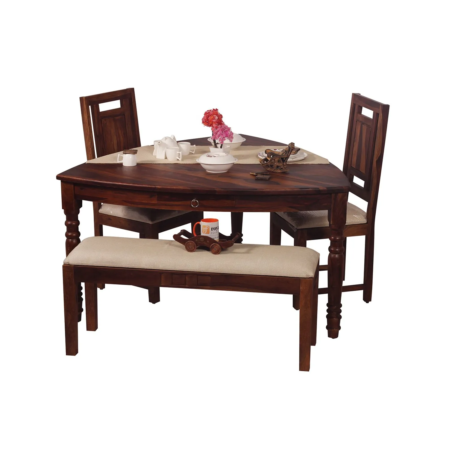 Royal Finish Betel Quid Nivora 2 Chair & 1 Bench Dining Set in Natural Furniture sheesham dining table image 8