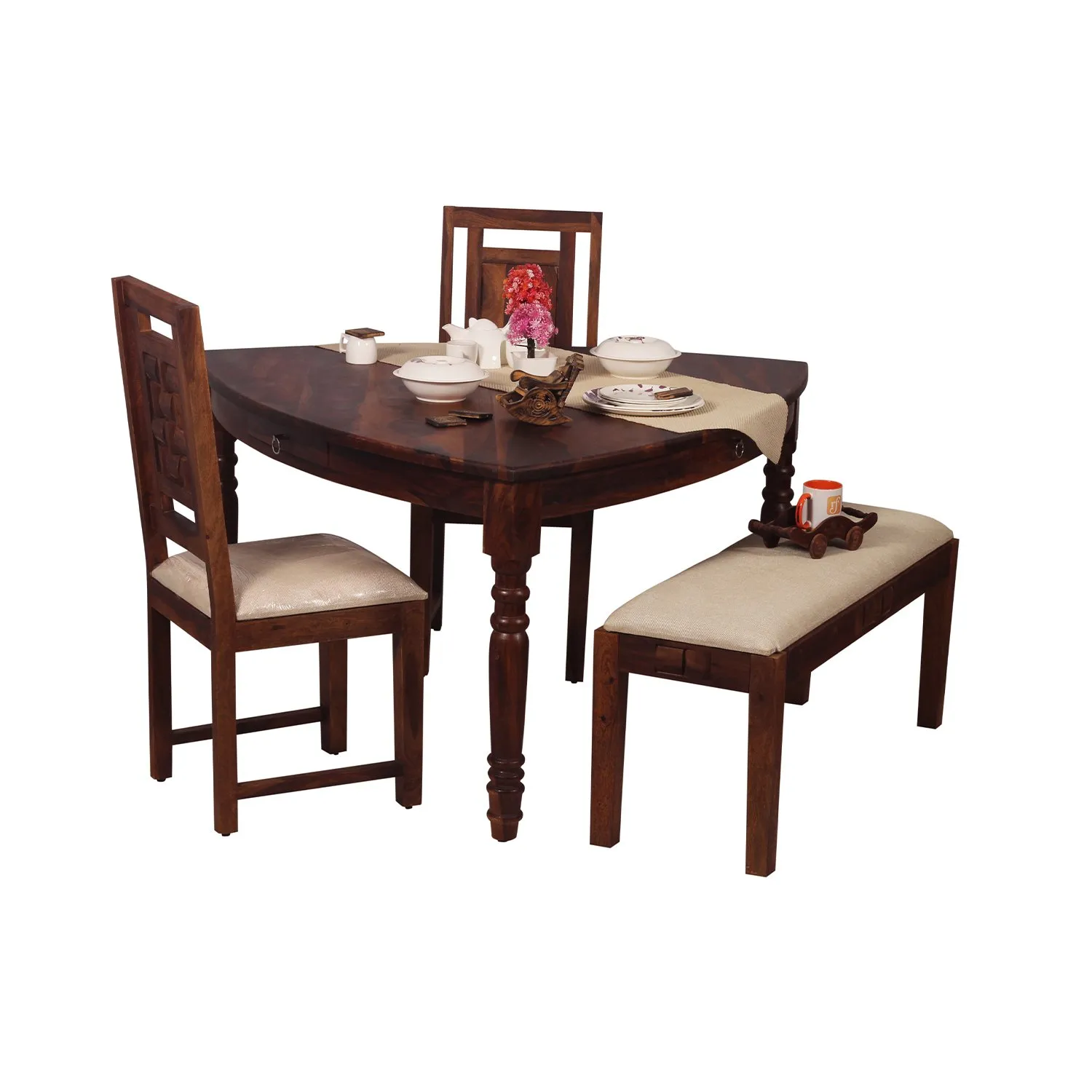 Royal Finish Betel Quid Nivora 2 Chair & 1 Bench Dining Set in Natural Furniture sheesham dining table image 10