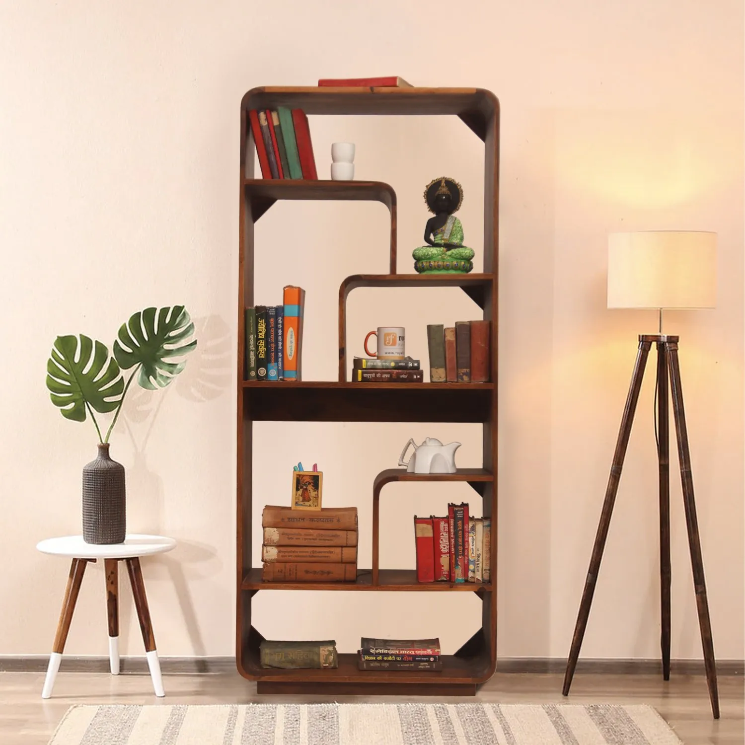 Royal Finish Modern 8 Shelf Solid Wood Bookshelf in Sheesham, Natural Colour