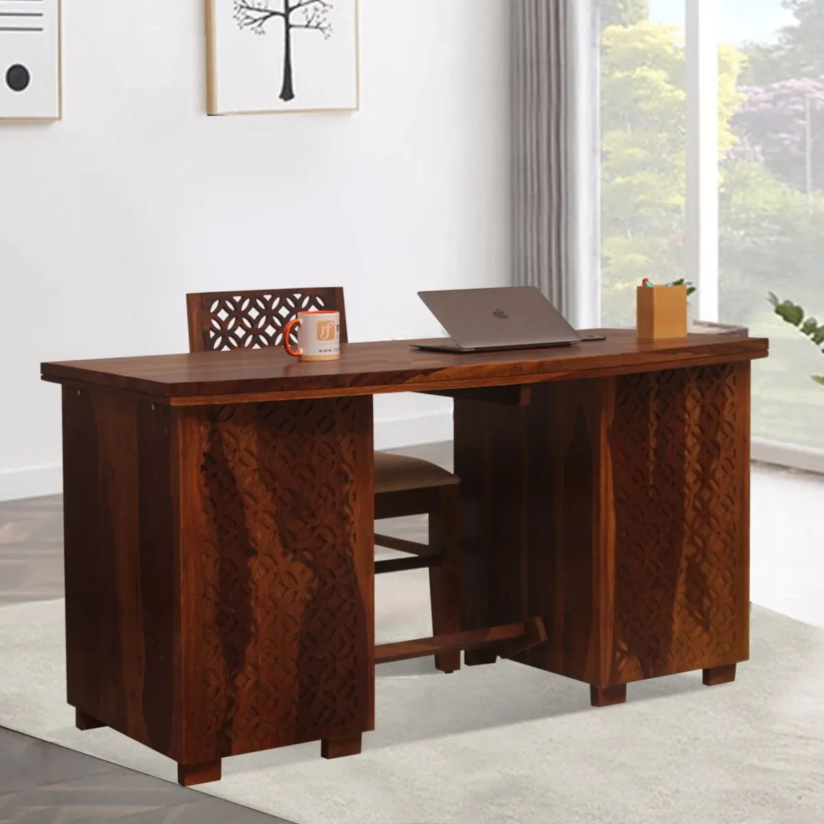 Royal Finish Carvo Workstation With Chair In Sheesham Wood With Natural Colour