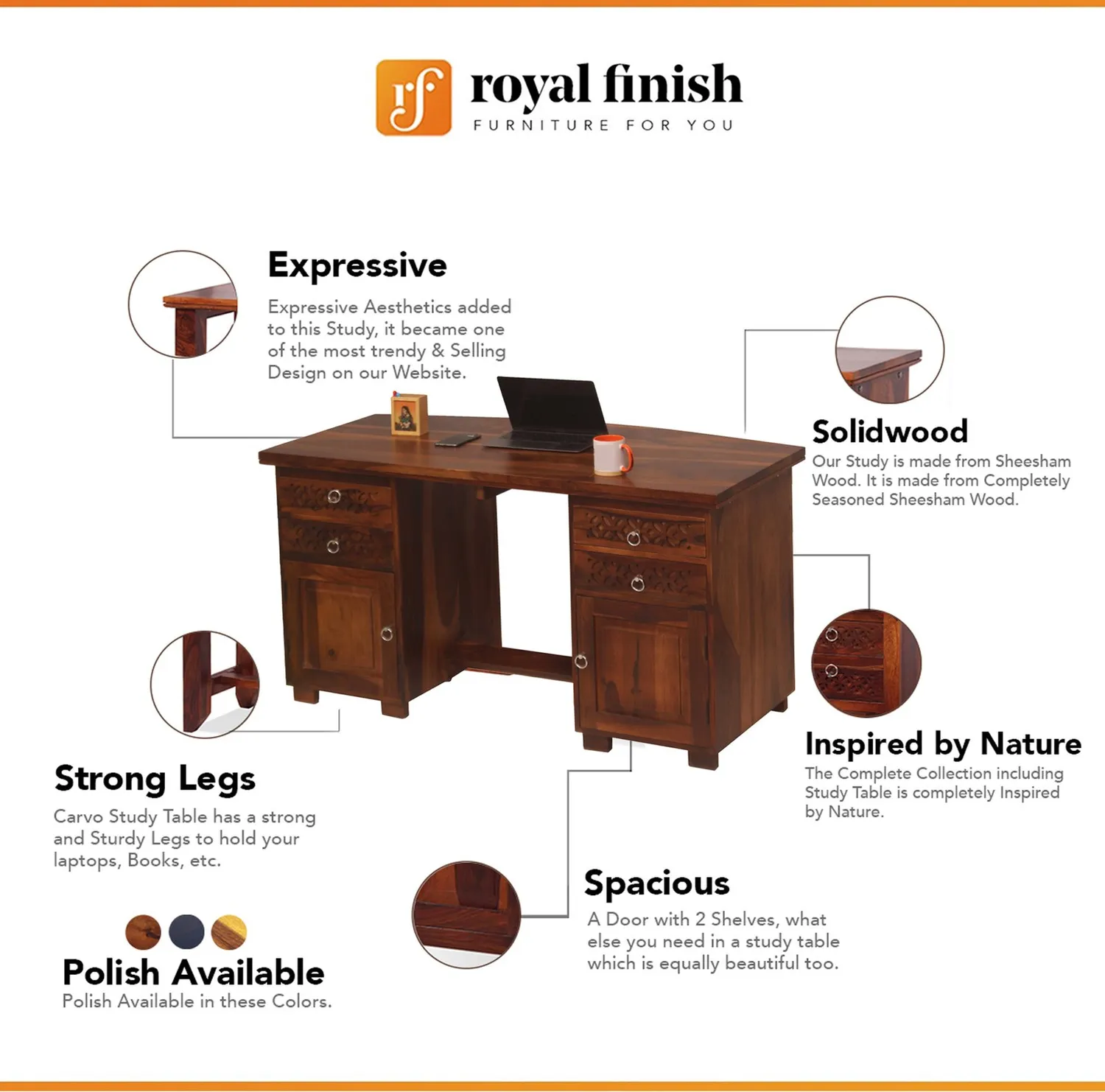 Royal Finish Carvo Workstation With Chair In Sheesham Wood With Natural Colour sheesham wood furniture image 2