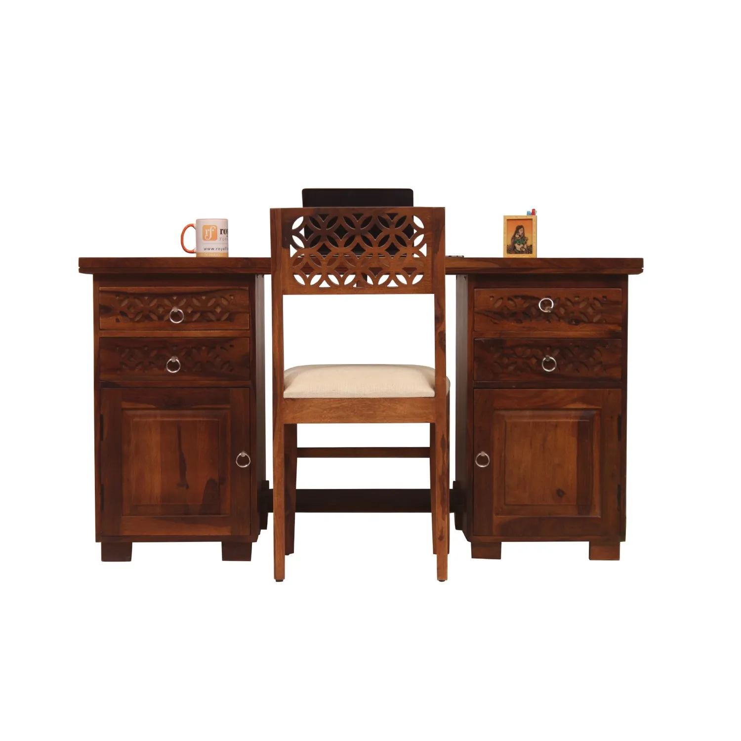 Royal Finish Carvo Workstation With Chair In Sheesham Wood With Natural Colour sheesham wood furniture image 4