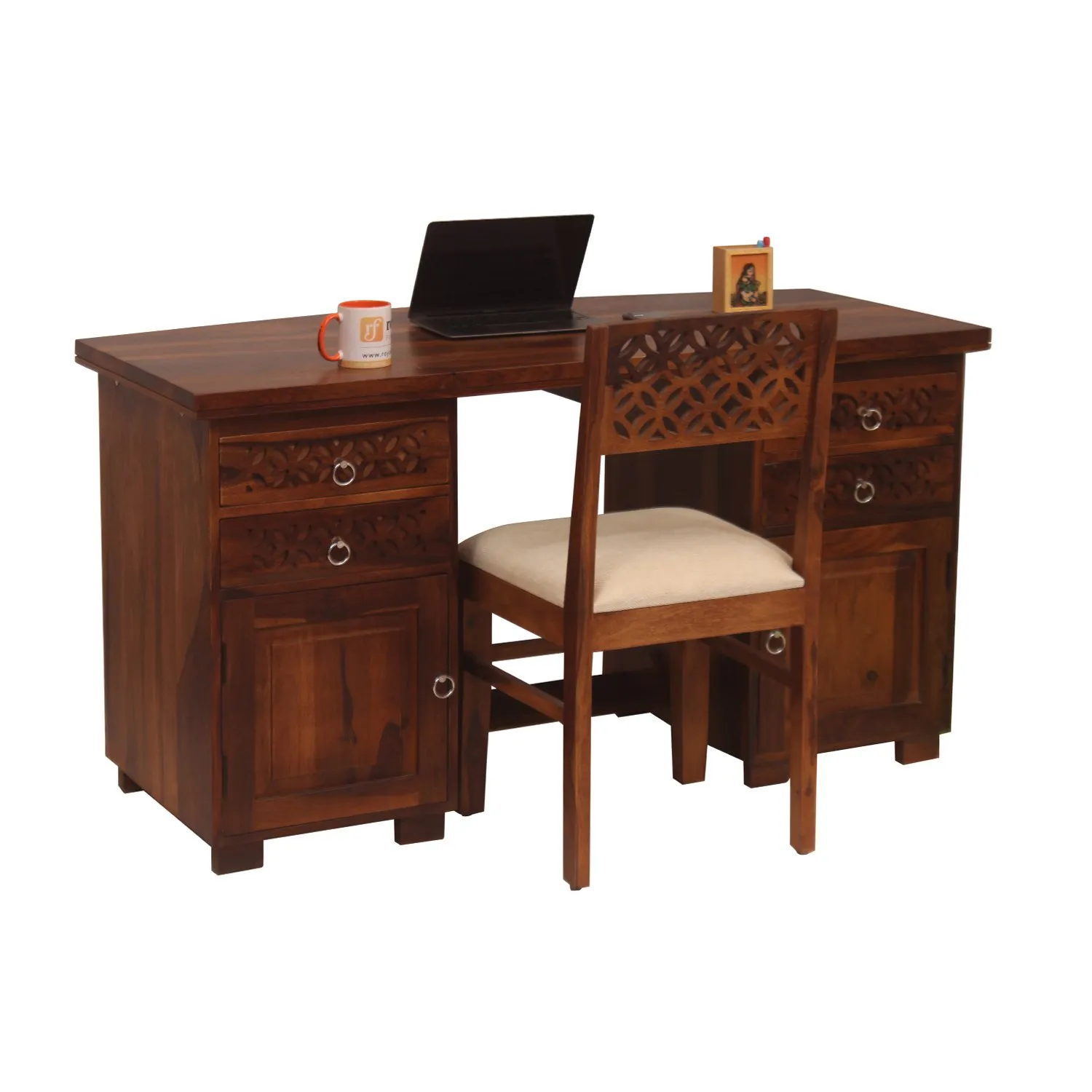 Royal Finish Carvo Workstation With Chair In Sheesham Wood With Natural Colour sheesham wood furniture image 5