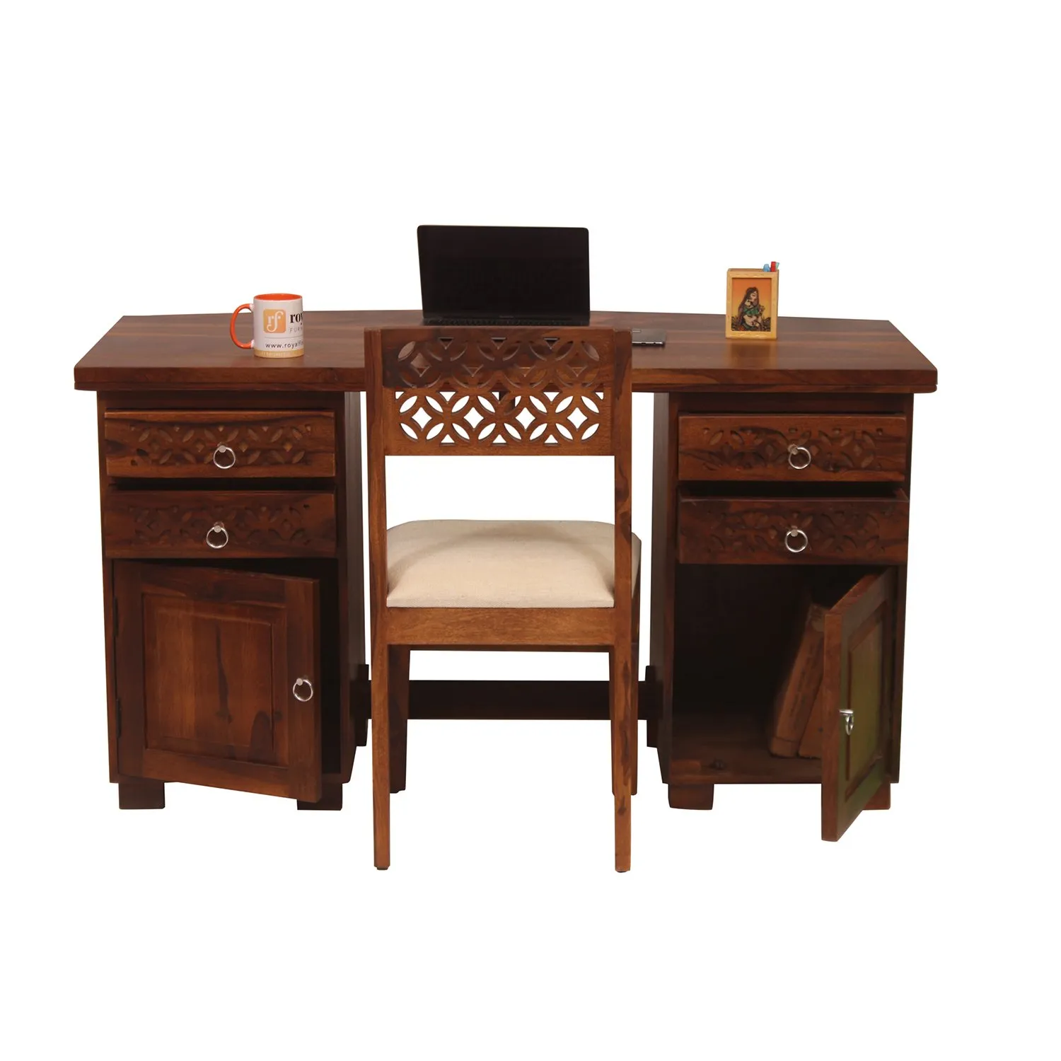 Royal Finish Carvo Workstation With Chair In Sheesham Wood With Natural Colour sheesham wood furniture image 7