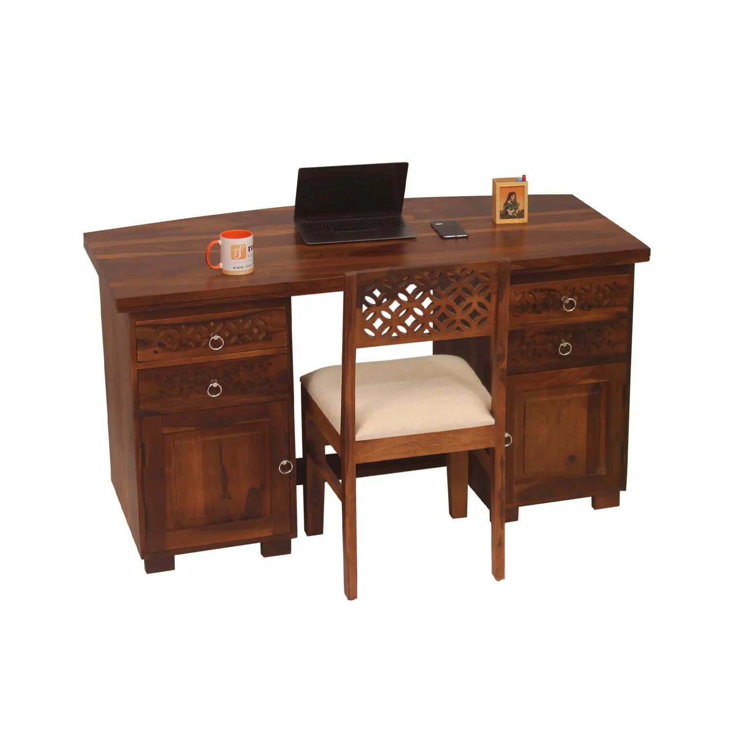 Royal Finish Carvo Workstation With Chair In Sheesham Wood With Natural Colour sheesham wood furniture image 11