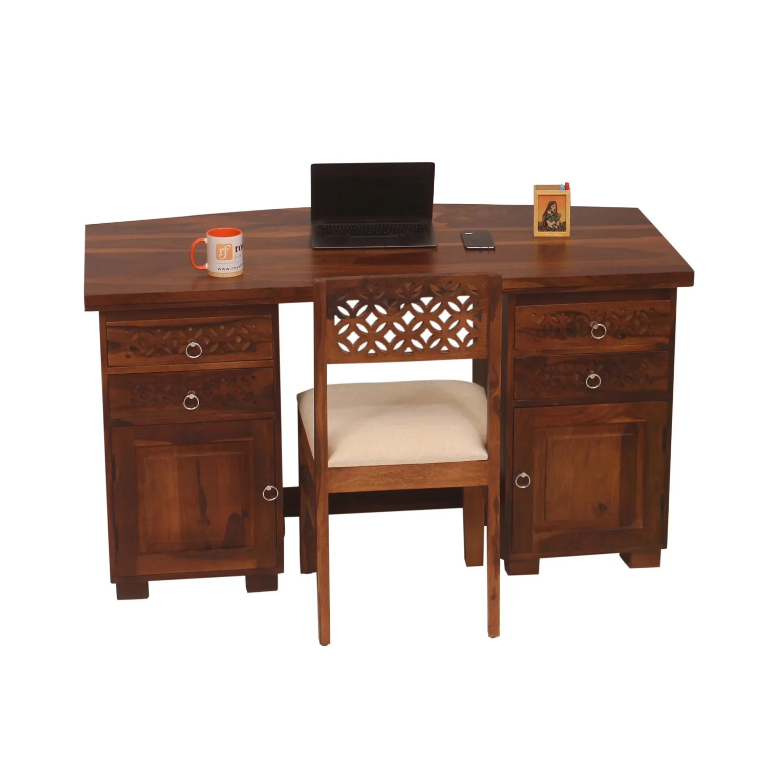 Royal Finish Carvo Workstation With Chair In Sheesham Wood With Natural Colour sheesham wood furniture image 12