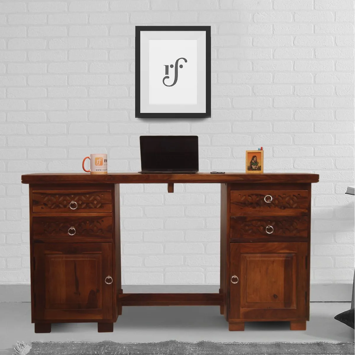 Royal Finish Carvo Workstation In Sheesham Wood With Natural Colour