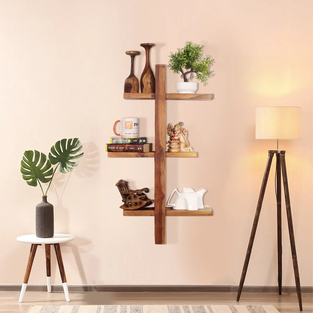 Royal Finish Tri Shelfo Hanging Bookcase/WallShelf Natural Honey In Sheesham W