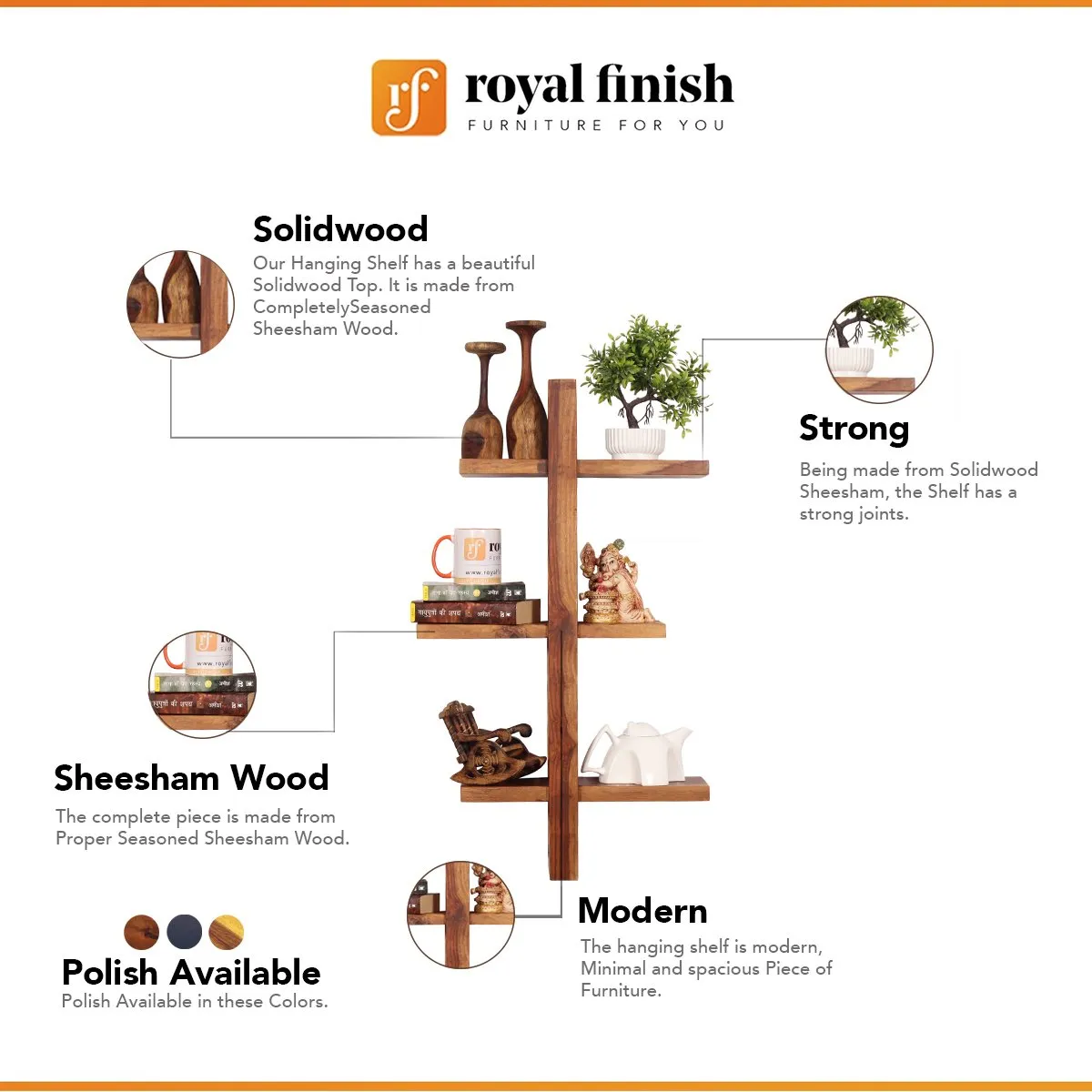 Royal Finish Tri Shelfo Hanging Bookcase/WallShelf Natural Honey In Sheesham W sheesham wood furniture image 2