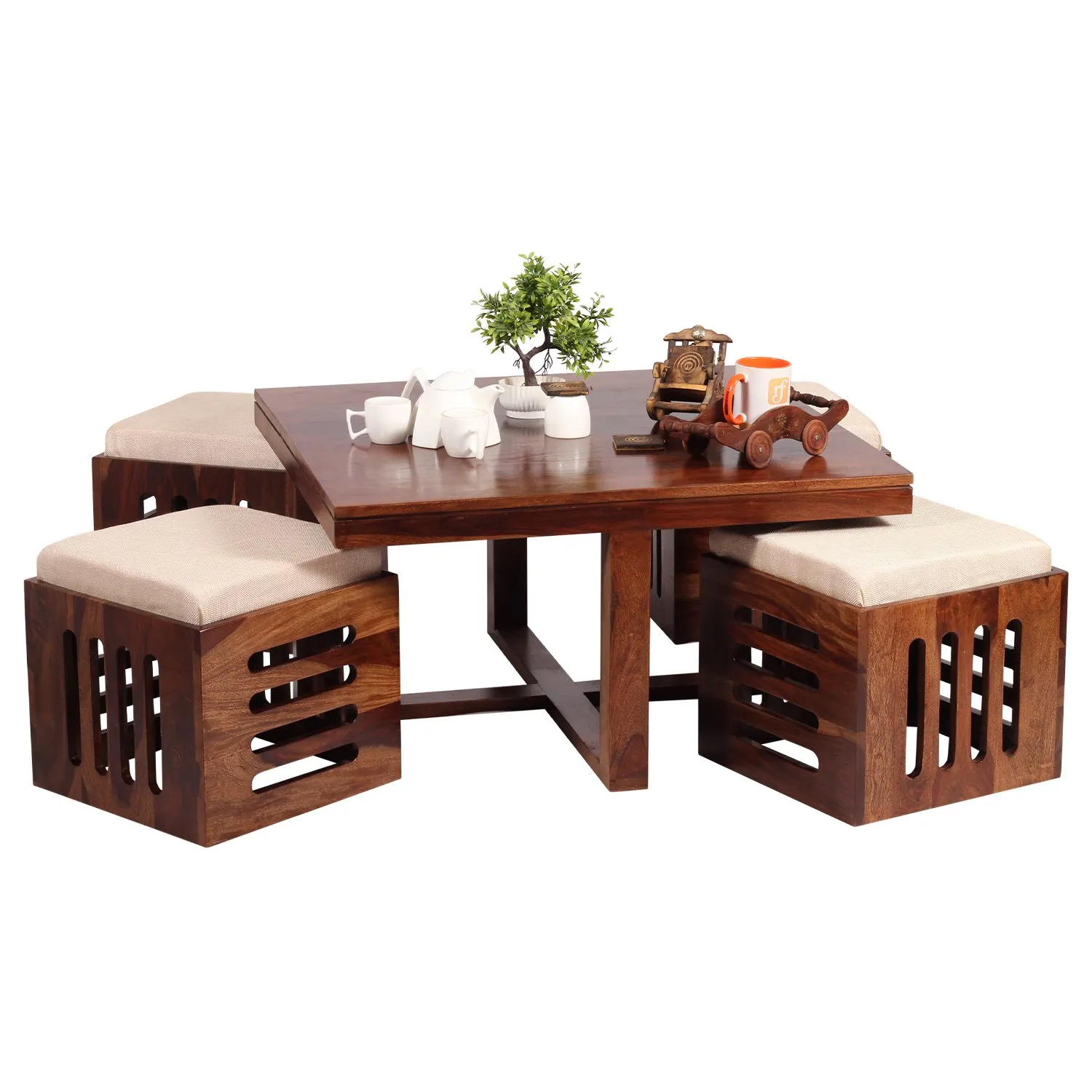 Royal Finish Jalapeno With 4 Stool Center table In Natural Colour Matte Finished wooden center table image 7