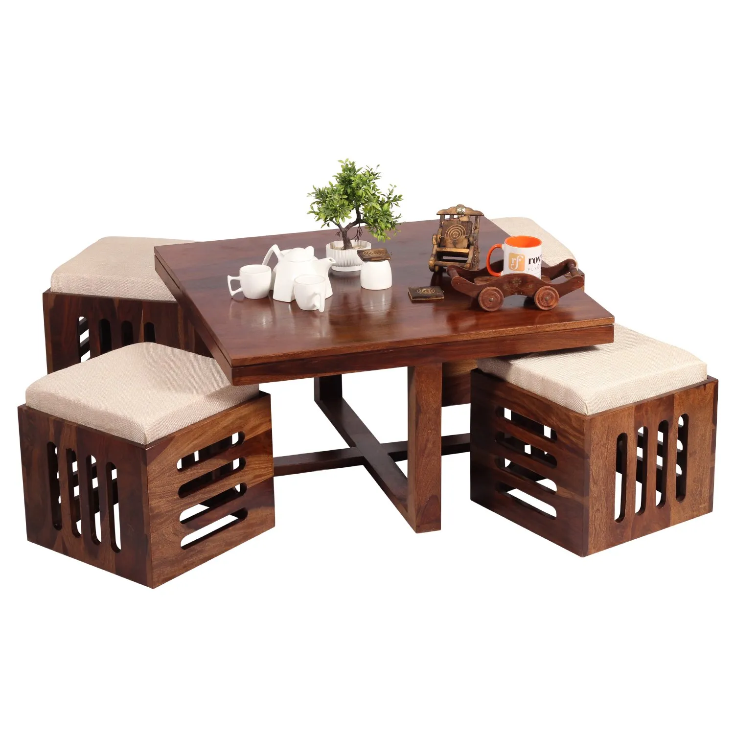 Royal Finish Jalapeno With 4 Stool Center table In Natural Colour Matte Finished wooden center table image 9