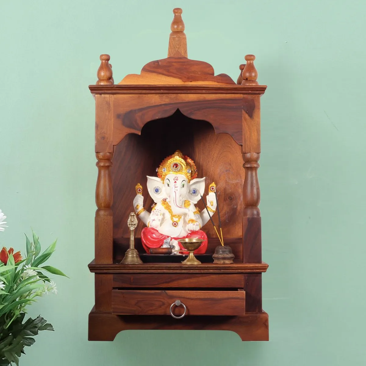 Royal Finish Savour Mini Temple without Door in Sheesham Wood with Matte Finish
