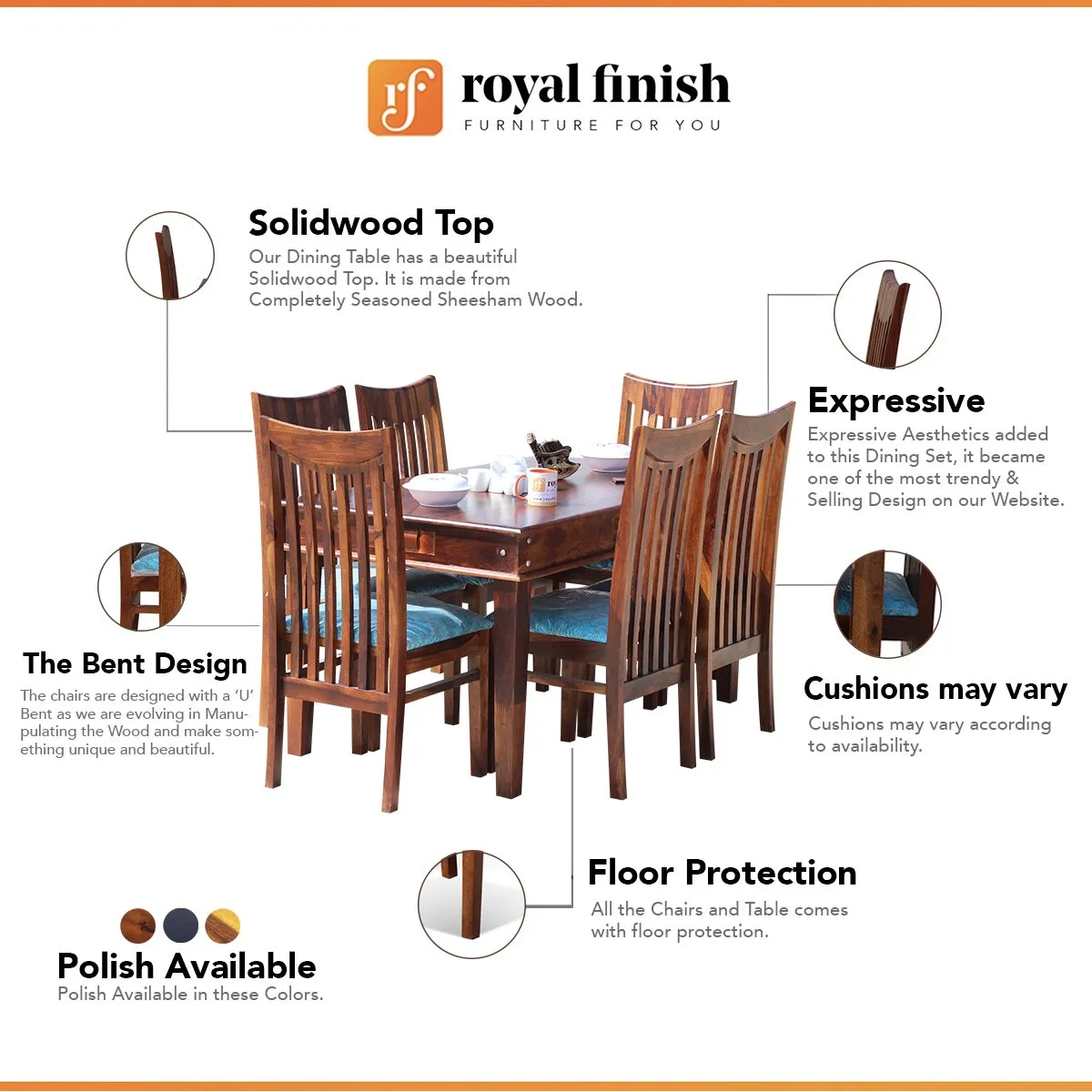 Royal Finish Wingo Niware 6 Seater Dining Set in Natural Premium Furniture sheesham dining table image 2