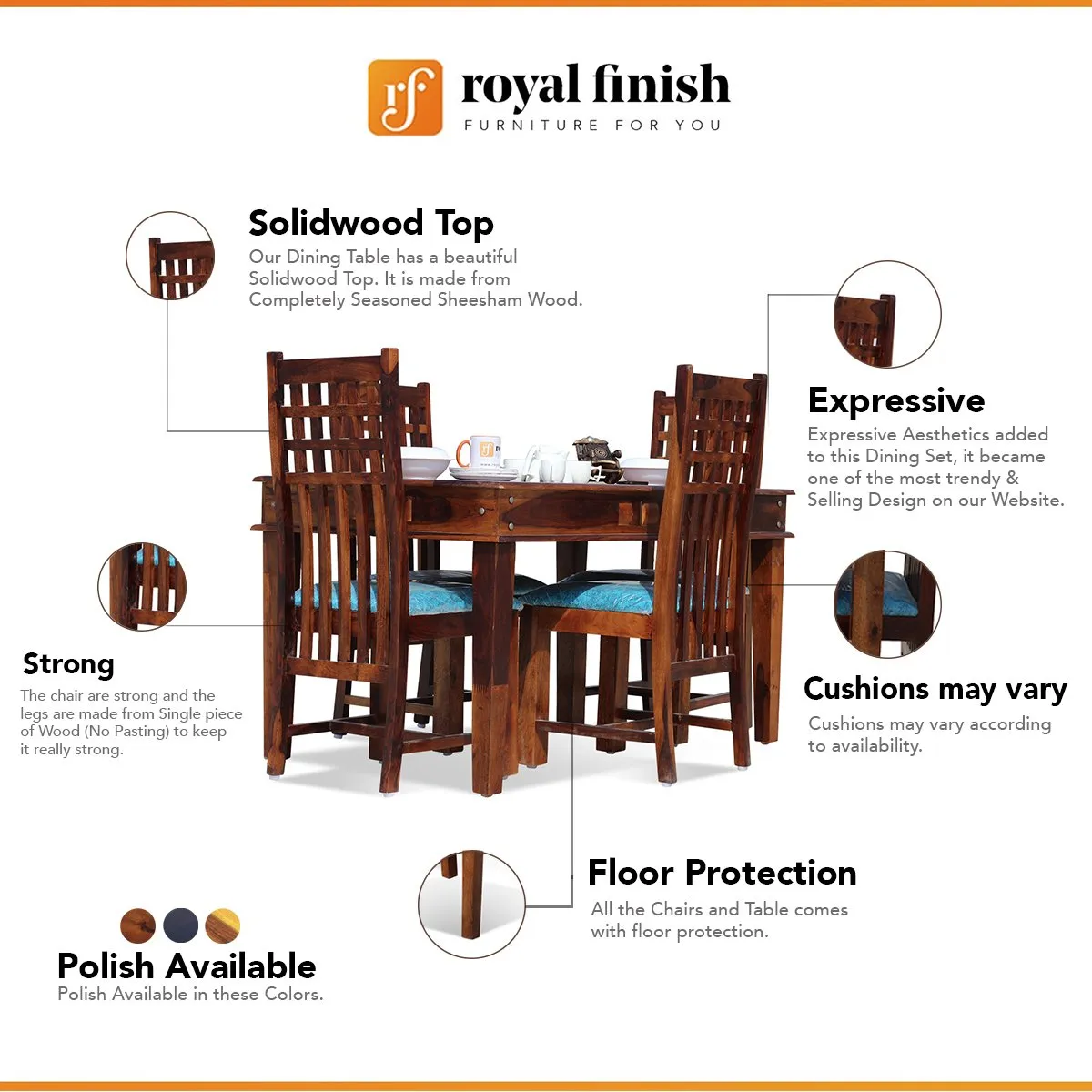Royal Finish Zen 4 Seater Dining in Sheesham with Natural Color Matte Finished sheesham dining table image 2
