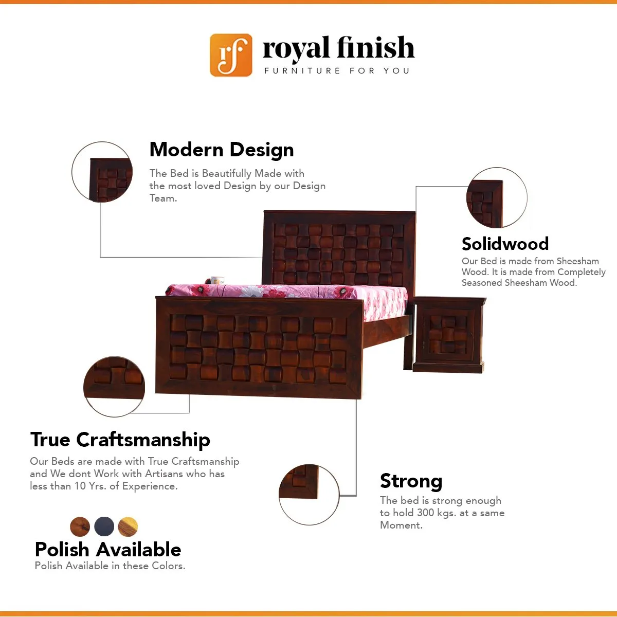 Royal Finish Nivora Single Without Storage Bed With Double Bedside In Sheesham sheesham wood bed image 2