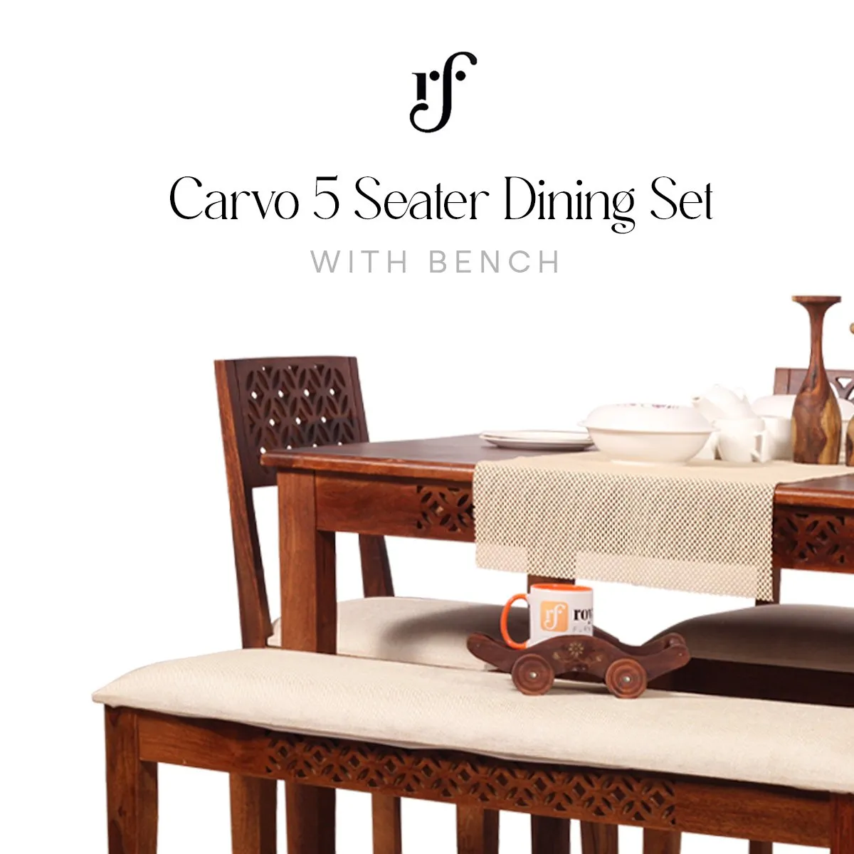 Royal Finish Carvo 3 Chair & 1 Bench Dining Set in Natural Colour in Sheesham sheesham dining table image 4