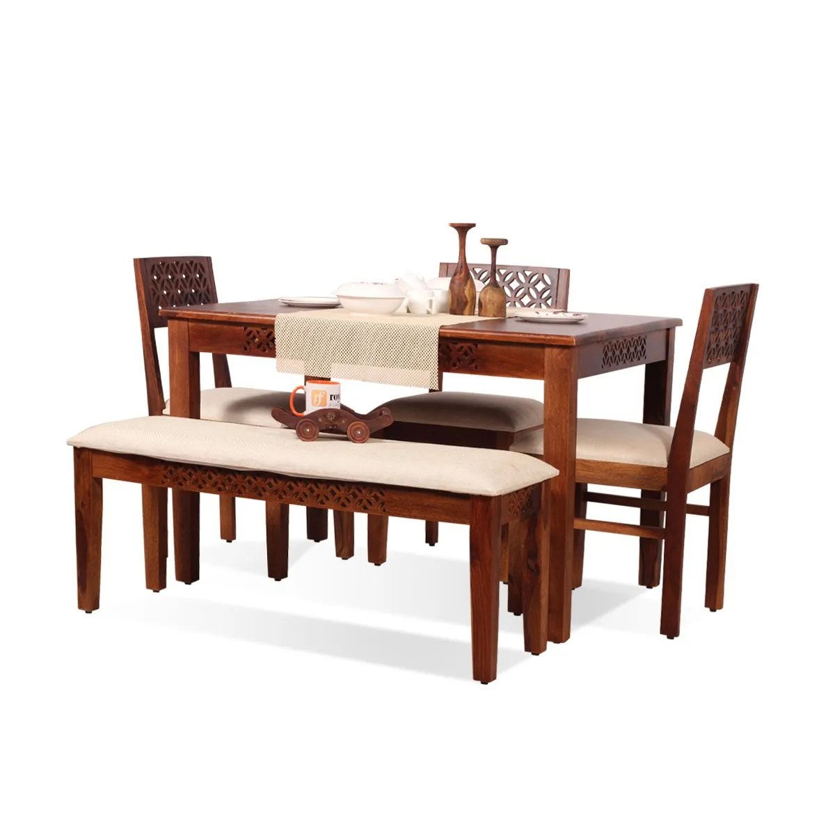 Royal Finish Carvo 3 Chair & 1 Bench Dining Set in Natural Colour in Sheesham sheesham dining table image 5