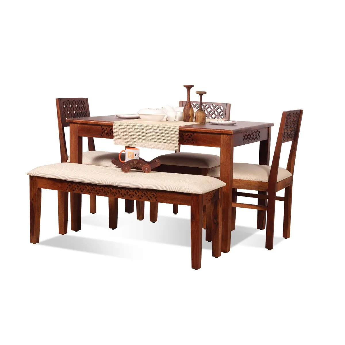 Royal Finish Carvo 3 Chair & 1 Bench Dining Set in Natural Colour in Sheesham sheesham dining table image 6