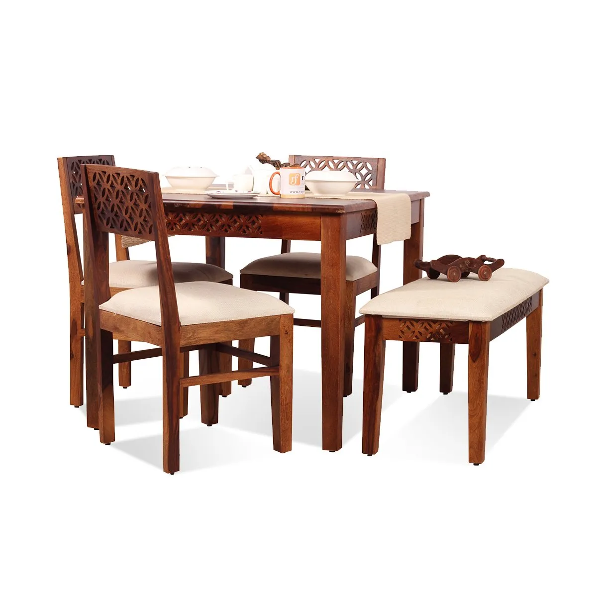 Royal Finish Carvo 3 Chair & 1 Bench Dining Set in Natural Colour in Sheesham sheesham dining table image 7