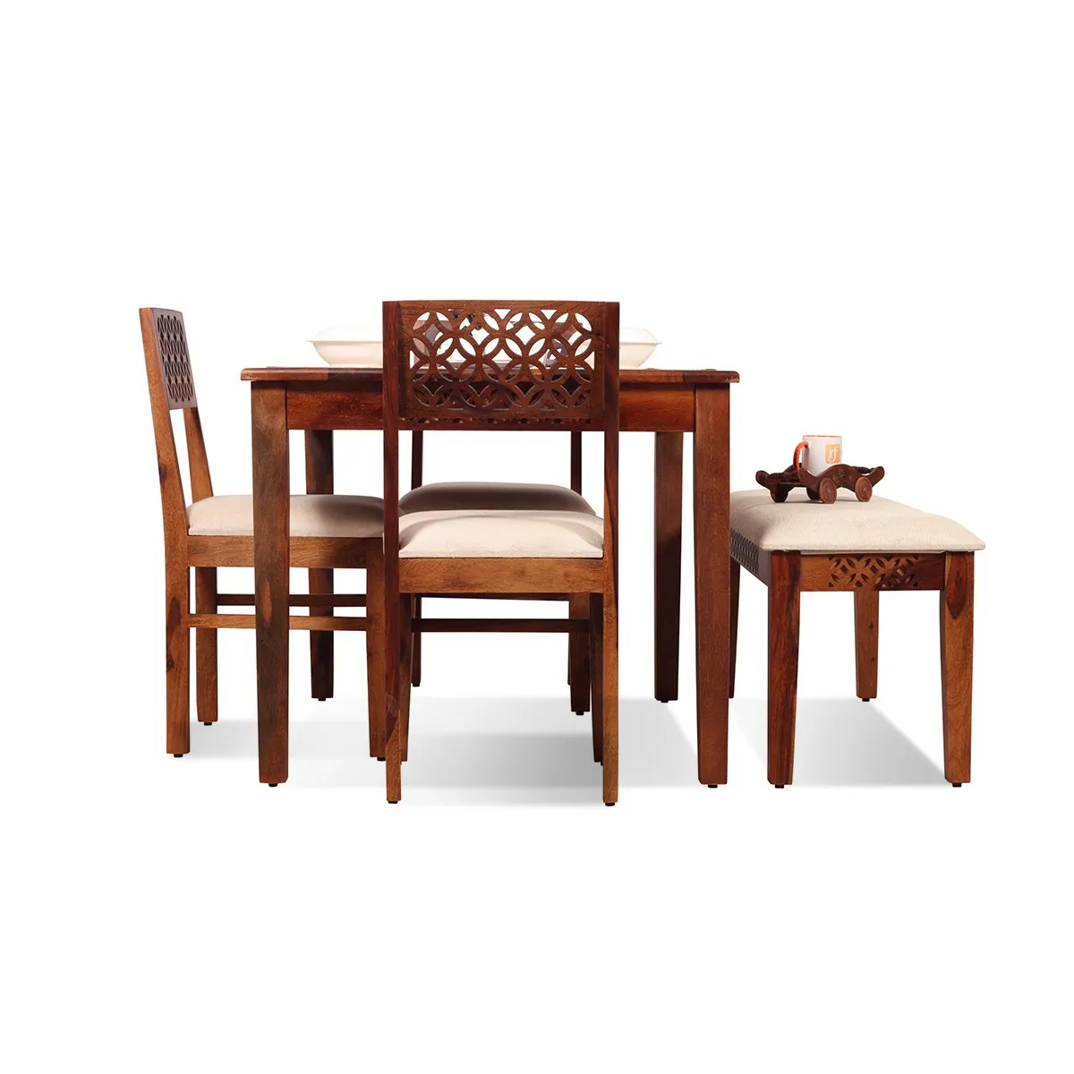 Royal Finish Carvo 3 Chair & 1 Bench Dining Set in Natural Colour in Sheesham sheesham dining table image 8