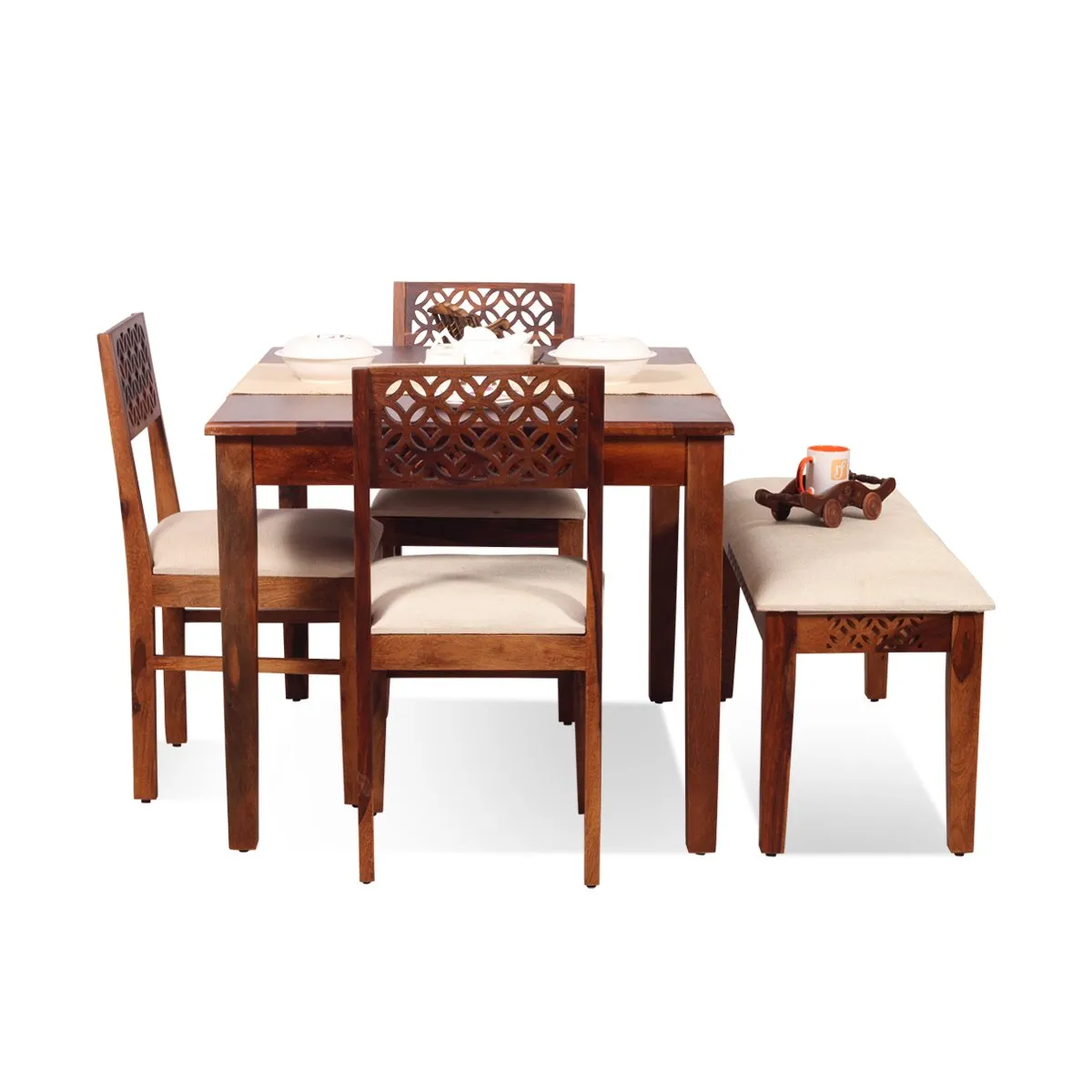 Royal Finish Carvo 3 Chair & 1 Bench Dining Set in Natural Colour in Sheesham sheesham dining table image 9
