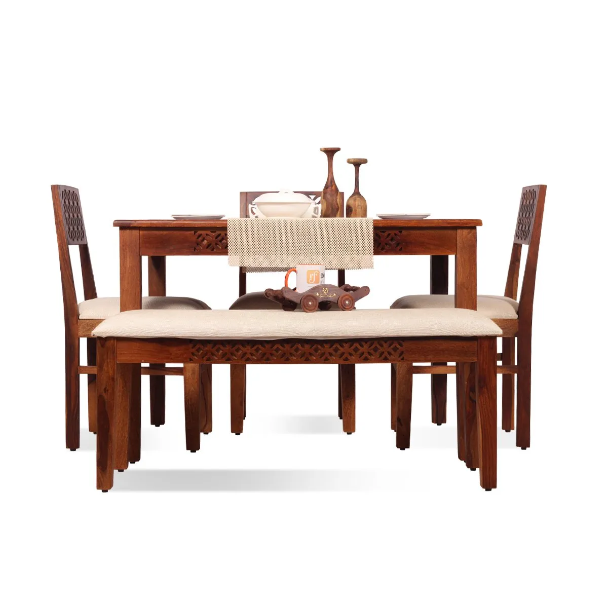 Royal Finish Carvo 3 Chair & 1 Bench Dining Set in Natural Colour in Sheesham sheesham dining table image 11