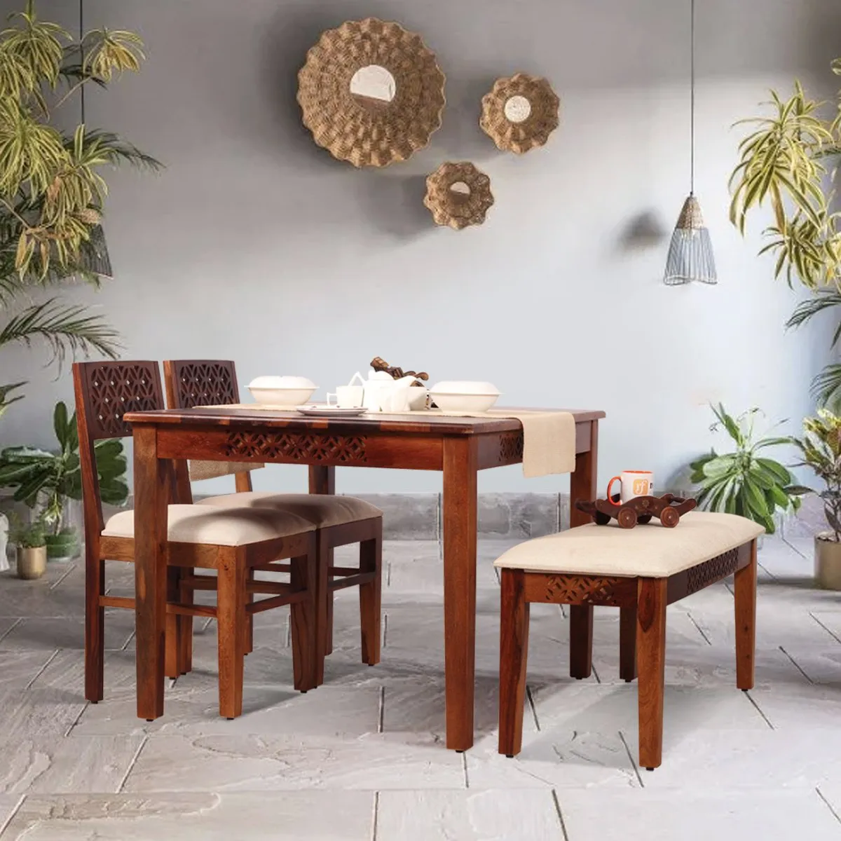 Royal Finish Carvo 2 Chair & 1 Bench Dining Set in Natural Furniture Sheesham