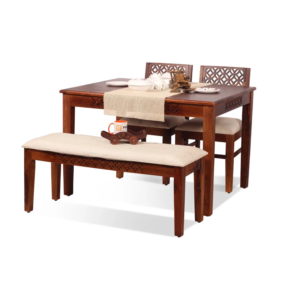 Royal Finish Carvo 2 Chair & 1 Bench Dining Set in Natural Furniture Sheesham sheesham dining table image 5