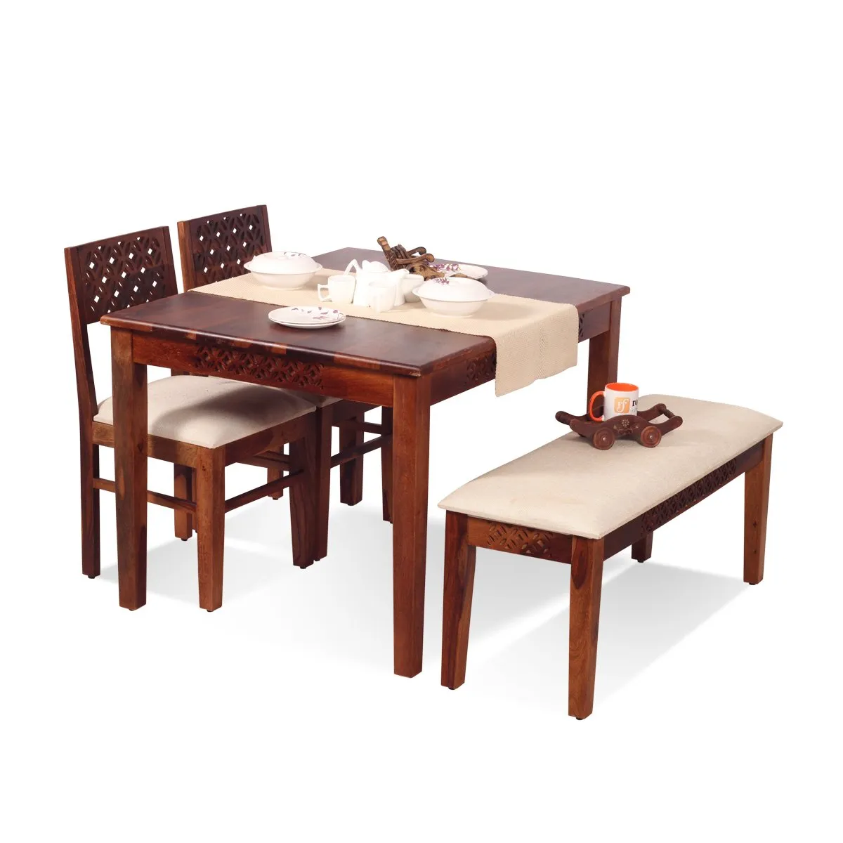 Royal Finish Carvo 2 Chair & 1 Bench Dining Set in Natural Furniture Sheesham sheesham dining table image 8