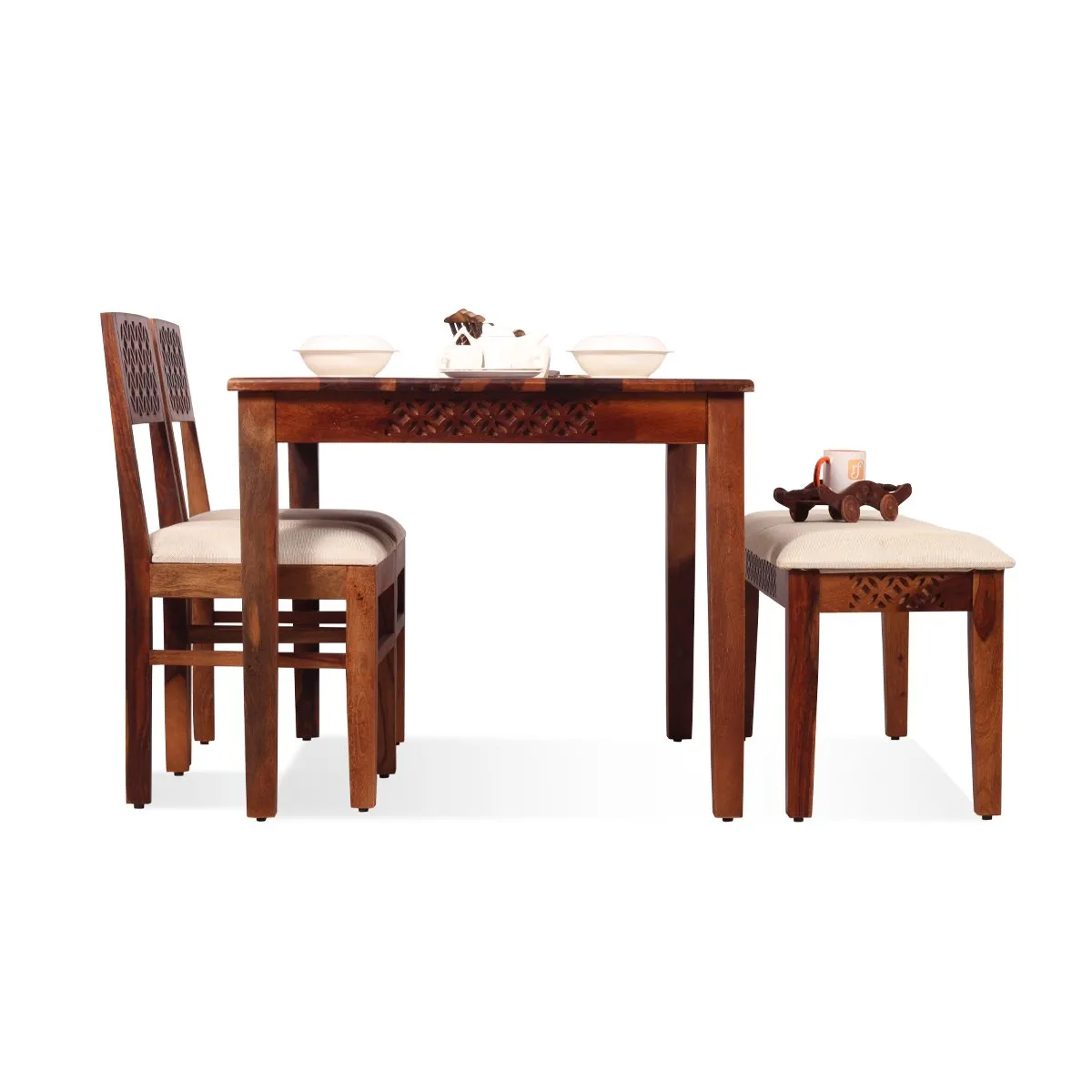 Royal Finish Carvo 2 Chair & 1 Bench Dining Set in Natural Furniture Sheesham sheesham dining table image 10