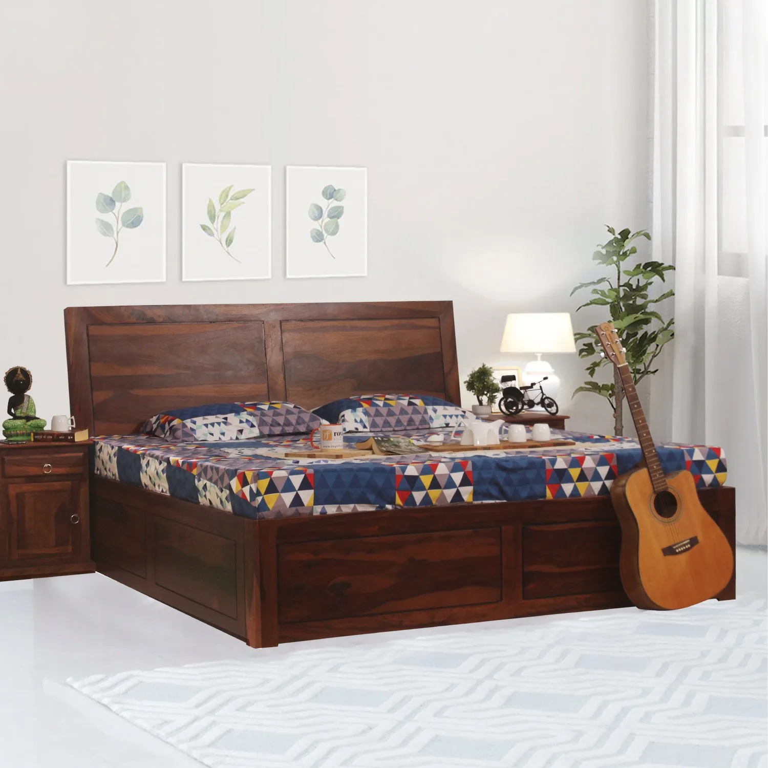 Royal Finish Simpaley King Storage Bed In Solid Sheesham Wood