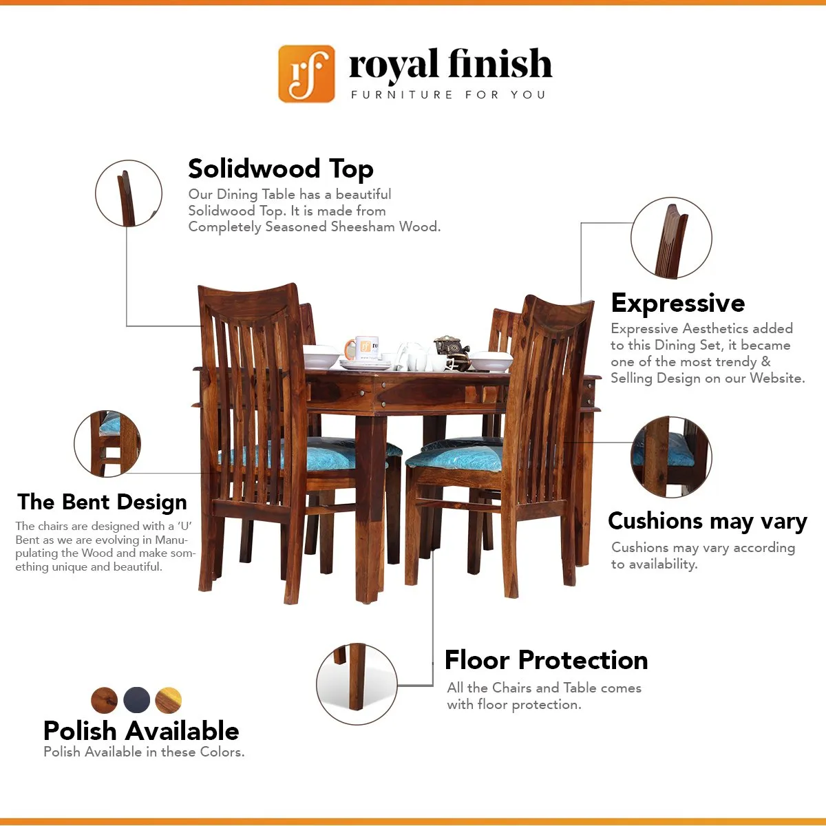 Royal Finish Wingo Dining in Sheesham with Natural Color Matte Finished sheesham dining table image 2