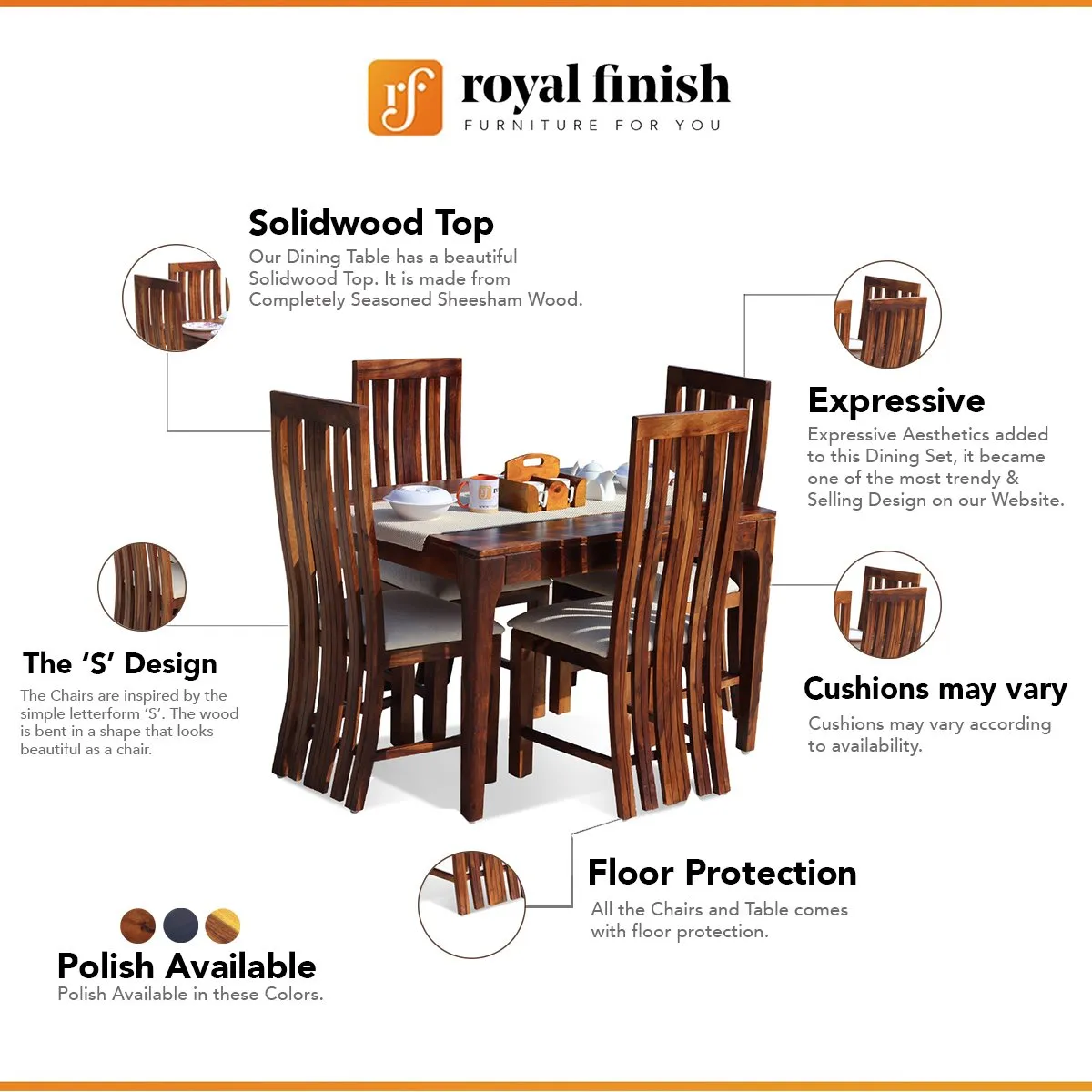 Royal Finish Hectro 4 Seater Dining Set in Natural Furniture Sheesham Wood sheesham dining table image 2