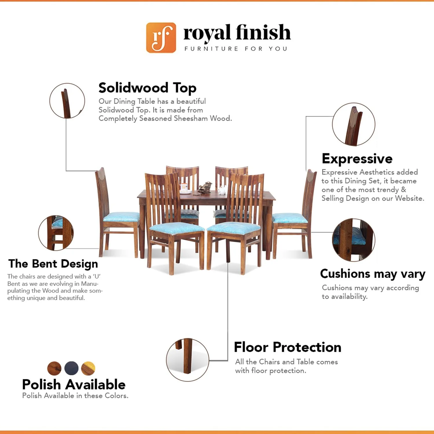 Royal Finish Deco 6 Seater Dining Set in Natural Premium Furniture Sheesham Wood sheesham dining table image 2