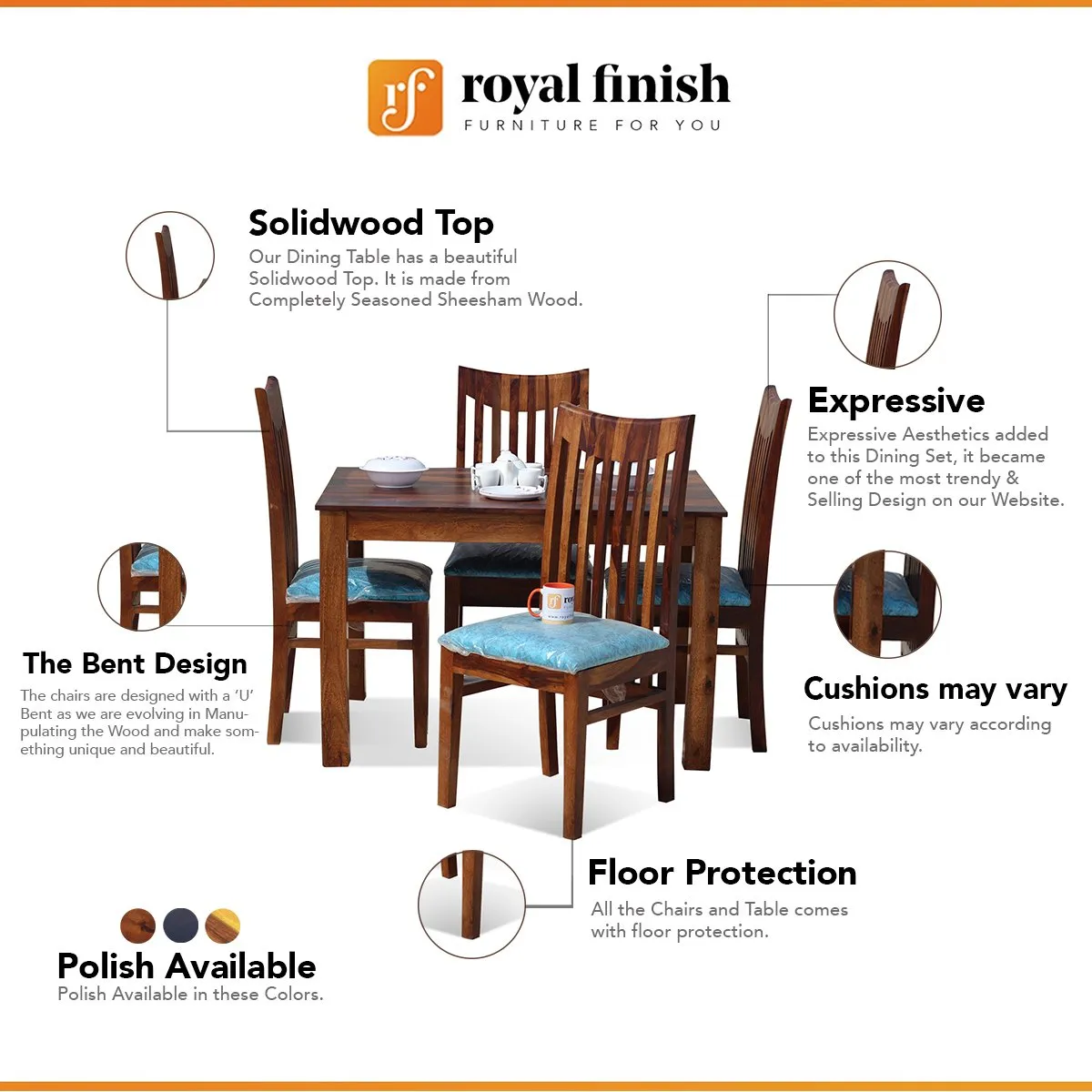 Royal Finish Serene 4 Seater Dining Set in Natural Furniture Sheesham Wood sheesham dining table image 2