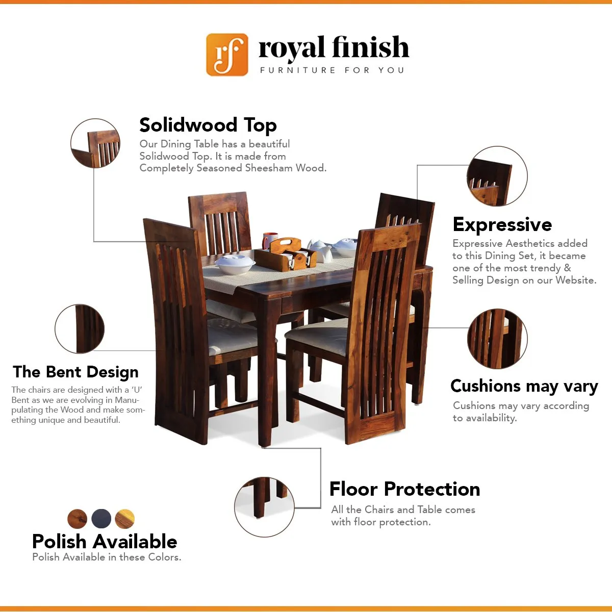 Royal Finish Quadro 4 Seater Dining Set in Natural Furniture Sheesham Wood sheesham dining table image 2