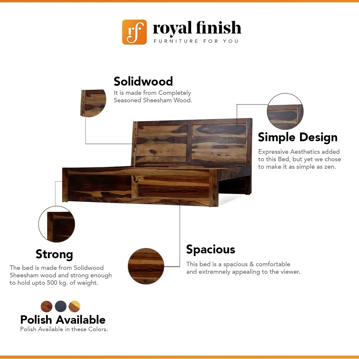 Royal Finish Simpaley King Without Storage Bed In Solid Sheesham Wood sheesham wood bed image 2