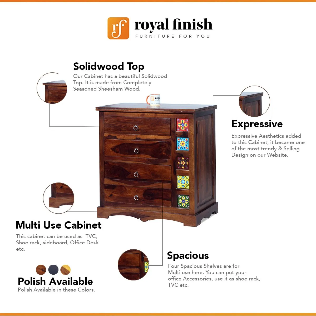 Royal Finish Hosh Tielac Chest of Drawer in Sheesham Natural Colour,Matte Polish sheesham wood furniture image 2