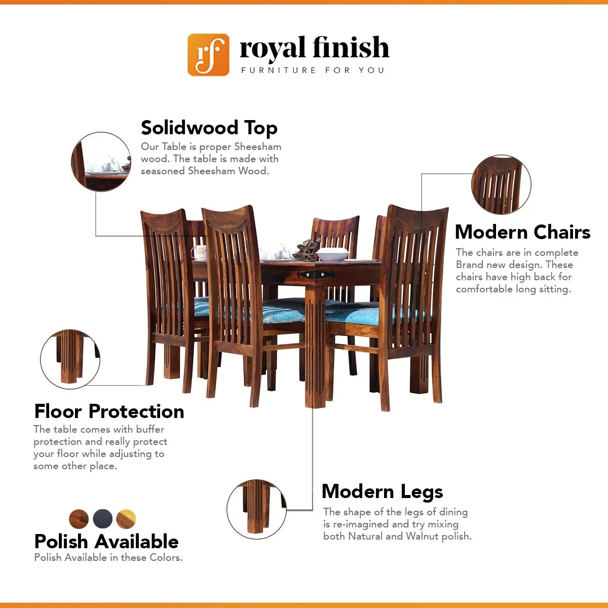 Royal Finish Pecko 6 Seater Dining Set in Natural Premium Furniture Sheesam sheesham dining table image 2