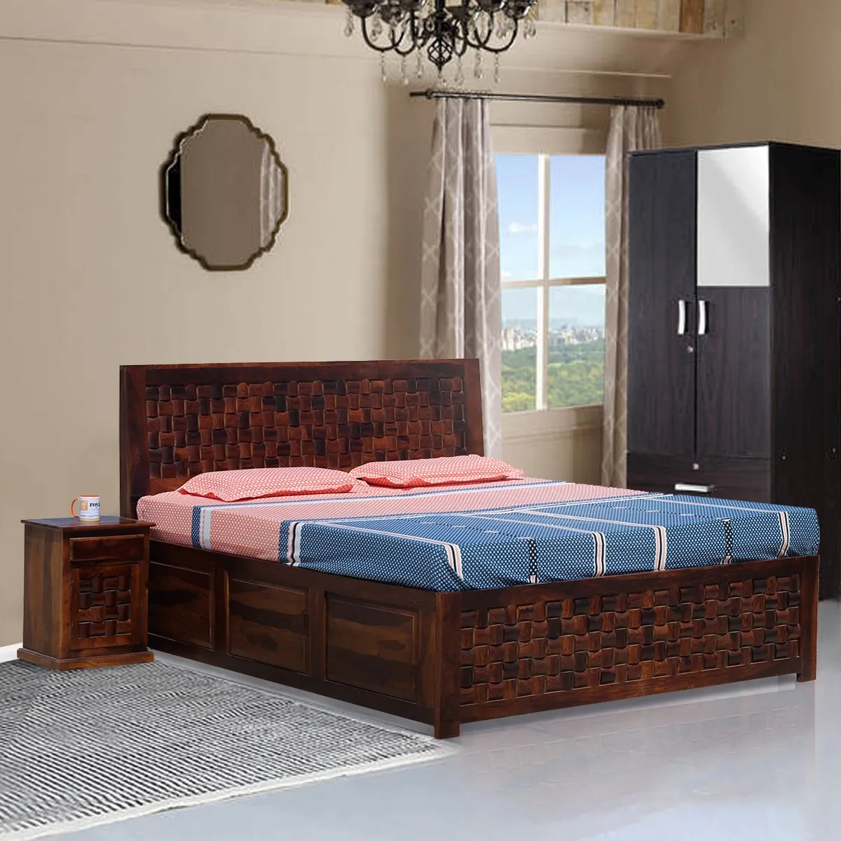 Royal Finish Nivora King Size Storage Bed With Single Bedside in Sheesham