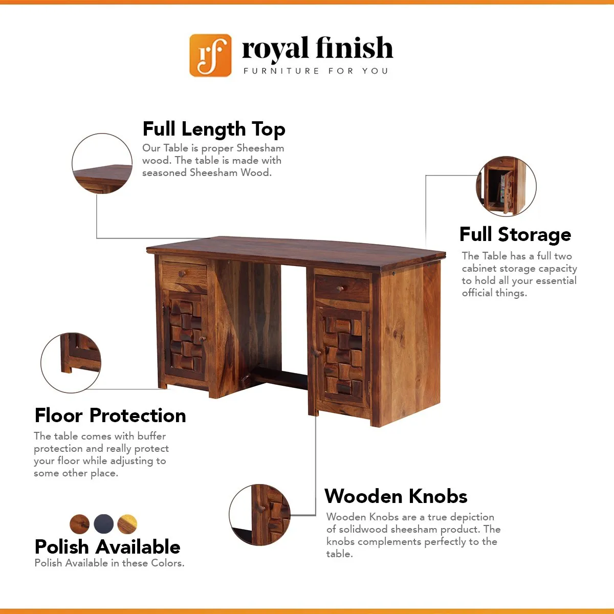 Royal Finish Nivora Office Table in Natural Honey With Matte Finished sheesham wood furniture image 2