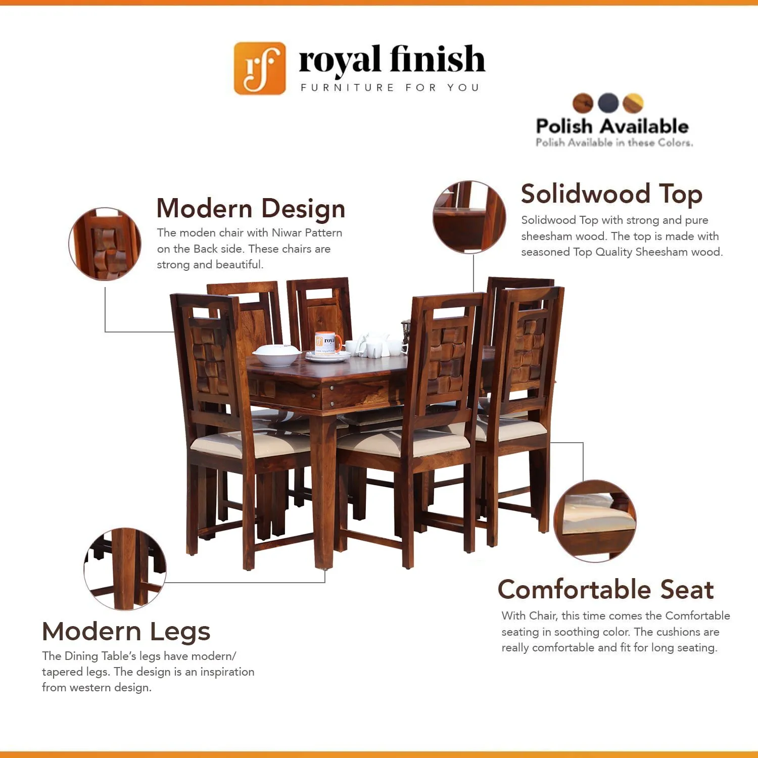 Royal Finish Nivora Moderna Dining in Sheesham with Natural Color Matte Finished sheesham dining table image 2