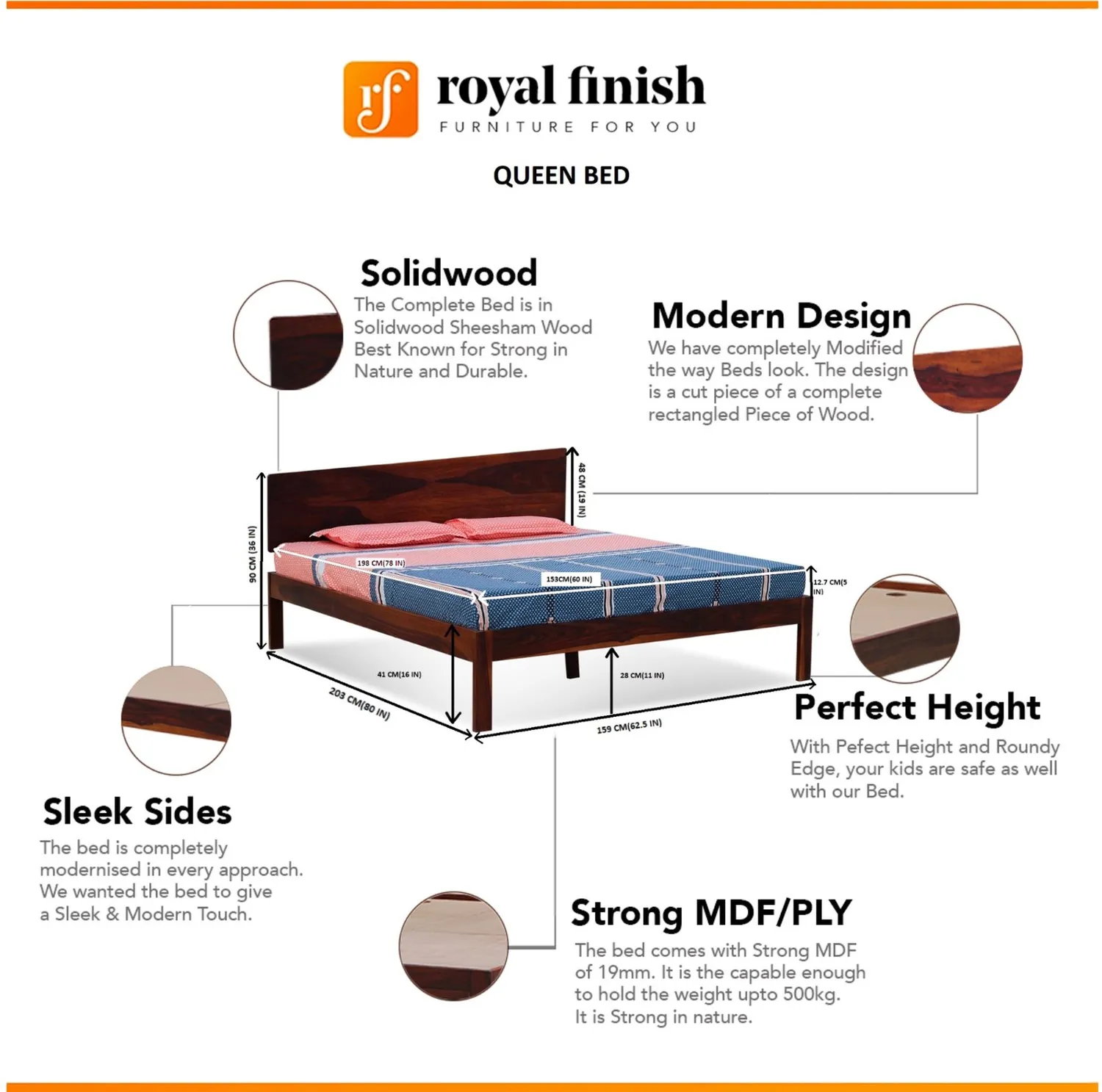 Royal Finish Upexico Queen Size Without Storage Bed In Solid Sheesham woo sheesham wood bed image 2