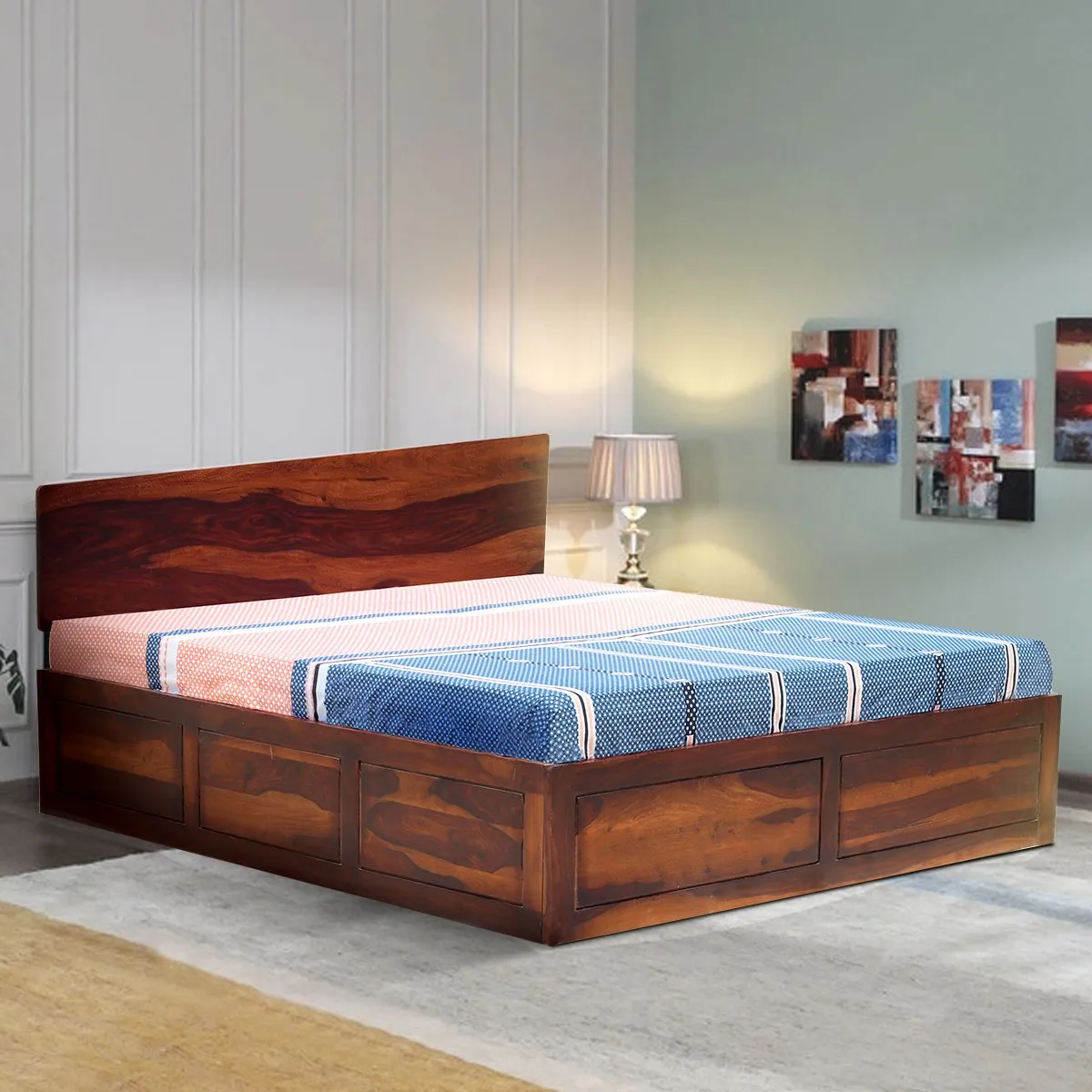 Royal Finish Alfriko Queen Size Storage Bed In Solid Sheesham wood